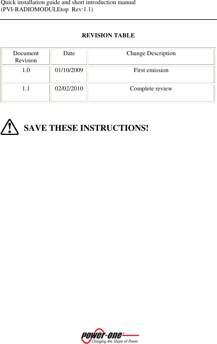 Quick installation guide and short introduction manual (PVI-RADIOMODULEtop  Rev:1.1)     REVISION TABLE  Document Revision  Date  Change Description 1.0  01/10/2009  First emission 1.1  02/02/2010  Complete review   SAVE THESE INSTRUCTIONS!                 