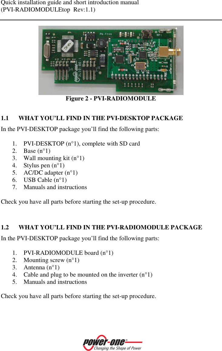 Quick installation guide and short introduction manual (PVI-RADIOMODULEtop  Rev:1.1)     Figure 2 - PVI-RADIOMODULE   1.1 WHAT YOU&rsquo;LL FIND IN THE PVI-DESKTOP PACKAGE In the PVI-DESKTOP package you&rsquo;ll find the following parts:  1. PVI-DESKTOP (n&deg;1), complete with SD card 2. Base (n&deg;1) 3. Wall mounting kit (n&deg;1) 4. Stylus pen (n&deg;1) 5. AC/DC adapter (n&deg;1) 6. USB Cable (n&deg;1) 7. Manuals and instructions  Check you have all parts before starting the set-up procedure.   1.2 WHAT YOU&rsquo;LL FIND IN THE PVI-RADIOMODULE PACKAGE In the PVI-DESKTOP package you&rsquo;ll find the following parts:  1. PVI-RADIOMODULE board (n&deg;1) 2. Mounting screw (n&deg;1) 3. Antenna (n&deg;1) 4. Cable and plug to be mounted on the inverter (n&deg;1) 5. Manuals and instructions  Check you have all parts before starting the set-up procedure. 