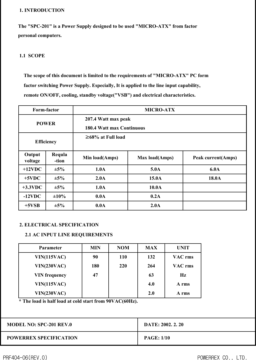 POWEREX 201 Switching Power Supply for Personal Computer User Manual