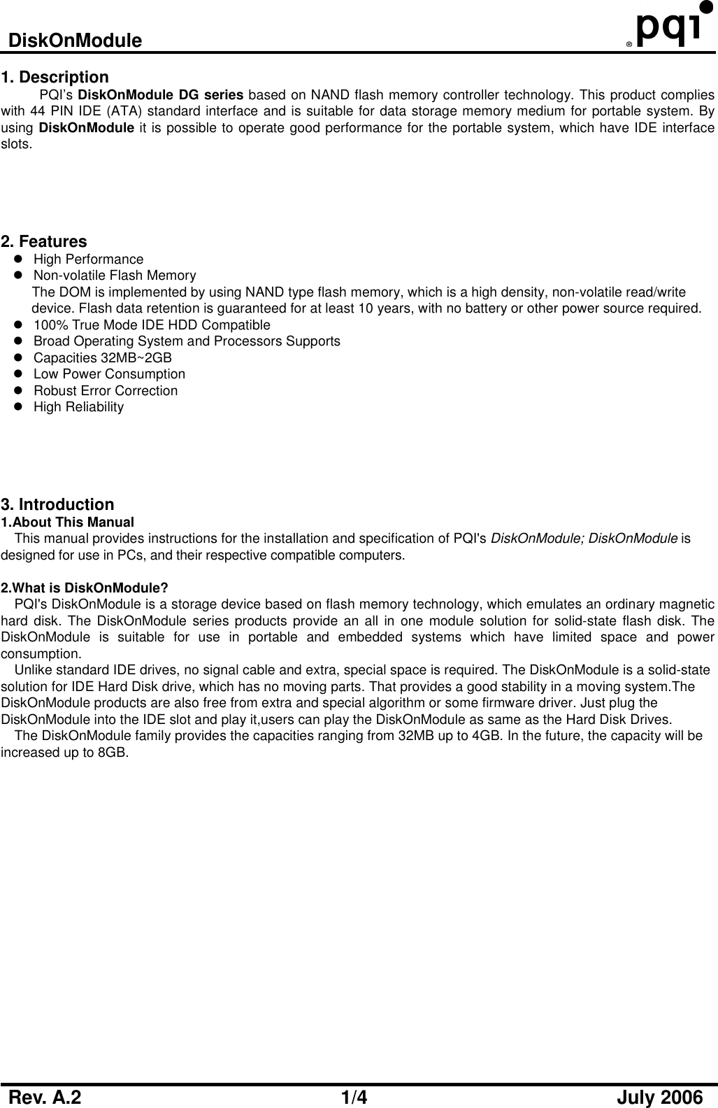 Page 4 of 7 - PQI DiskOnModule - DG0XXXX44XX02P10 A2 User Manual To The 615dbcbc-0a7d-4b03-85c3-75afe5edb42e