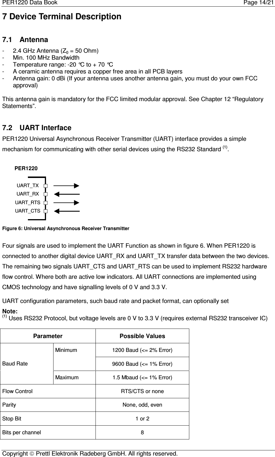 PER1220 Data Book Page 14/21Copyright  Prettl Elektronik Radeberg GmbH. All rights reserved.7 Device Terminal Description7.1  Antenna-  2.4 GHz Antenna (Z0 = 50 Ohm)-  Min. 100 MHz Bandwidth-  Temperature range: -20 °C to + 70 °C-  A ceramic antenna requires a copper free area in all PCB layers-  Antenna gain: 0 dBi (If your antenna uses another antenna gain, you must do your own FCCapproval)This antenna gain is mandatory for the FCC limited modular approval. See Chapter 12 “RegulatoryStatements”.7.2  UART InterfacePER1220 Universal Asynchronous Receiver Transmitter (UART) interface provides a simplemechanism for communicating with other serial devices using the RS232 Standard (1).UART_TXUART_RXUART_RTSUART_CTSPER1220Figure 6: Universal Asynchronous Receiver TransmitterFour signals are used to implement the UART Function as shown in figure 6. When PER1220 isconnected to another digital device UART_RX and UART_TX transfer data between the two devices.The remaining two signals UART_CTS and UART_RTS can be used to implement RS232 hardwareflow control. Where both are active low indicators. All UART connections are implemented usingCMOS technology and have signalling levels of 0 V and 3.3 V.UART configuration parameters, such baud rate and packet format, can optionally setNote:(1) Uses RS232 Protocol, but voltage levels are 0 V to 3.3 V (requires external RS232 transceiver IC)Parameter Possible Values1200 Baud (&lt;= 2% Error)Minimum9600 Baud (&lt;= 1% Error)Baud RateMaximum 1.5 Mbaud (&lt;= 1% Error)Flow Control RTS/CTS or noneParity None, odd, evenStop Bit 1 or 2Bits per channel 8