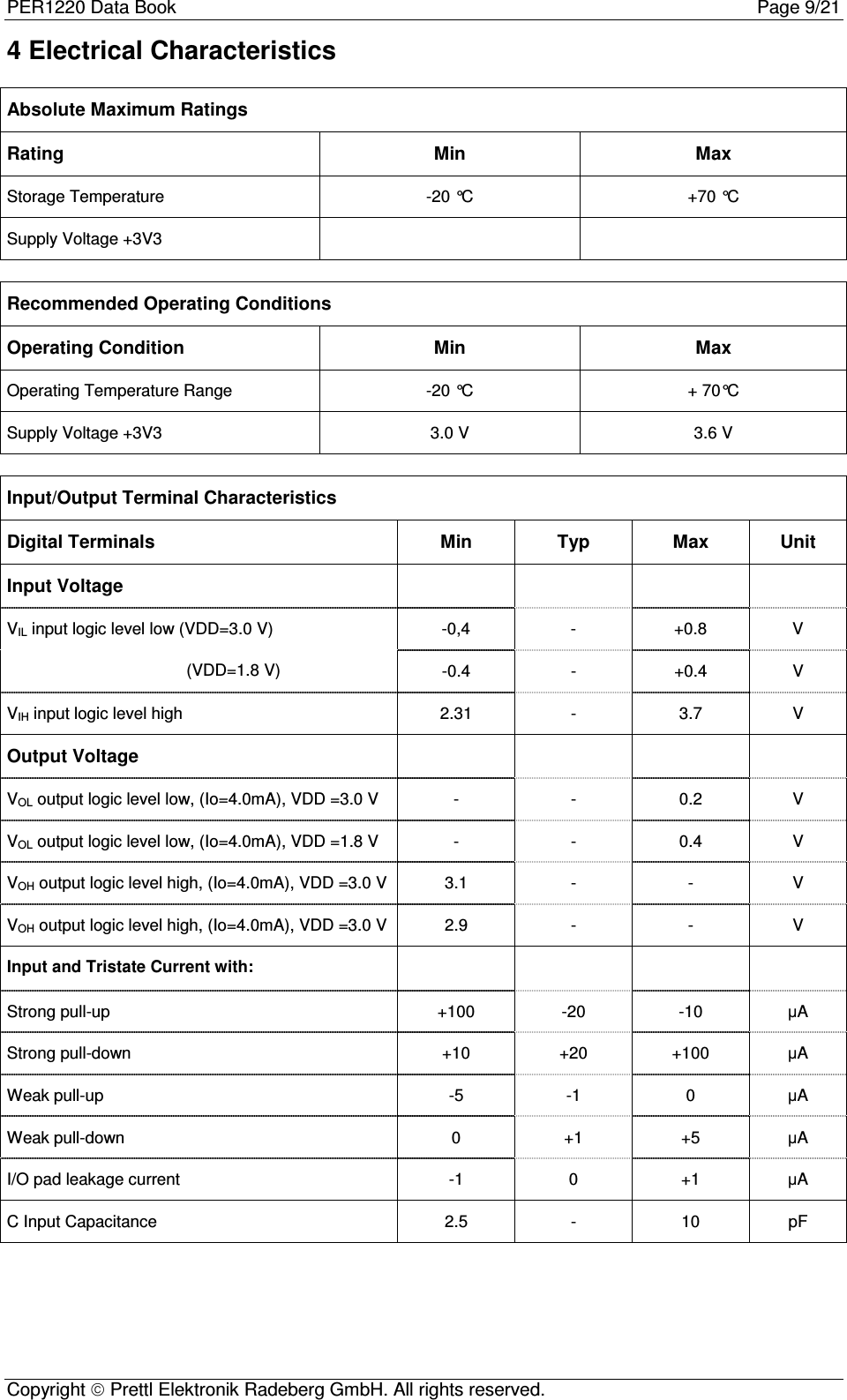 PER1220 Data Book Page 9/21Copyright  Prettl Elektronik Radeberg GmbH. All rights reserved.4 Electrical CharacteristicsAbsolute Maximum RatingsRating Min MaxStorage Temperature -20 °C +70 °CSupply Voltage +3V3Recommended Operating ConditionsOperating Condition Min MaxOperating Temperature Range -20 °C + 70°CSupply Voltage +3V3 3.0 V 3.6 VInput/Output Terminal CharacteristicsDigital Terminals Min Typ Max UnitInput Voltage-0,4 - +0.8 VVIL input logic level low (VDD=3.0 V)                                       (VDD=1.8 V) -0.4 - +0.4 VVIH input logic level high 2.31 - 3.7 VOutput VoltageVOL output logic level low, (Io=4.0mA), VDD =3.0 V - - 0.2 VVOL output logic level low, (Io=4.0mA), VDD =1.8 V - - 0.4 VVOH output logic level high, (Io=4.0mA), VDD =3.0 V 3.1 - - VVOH output logic level high, (Io=4.0mA), VDD =3.0 V 2.9 - - VInput and Tristate Current with:Strong pull-up +100 -20 -10 µAStrong pull-down +10 +20 +100 µAWeak pull-up -5 -1 0 µAWeak pull-down 0 +1 +5 µAI/O pad leakage current -1 0 +1 µAC Input Capacitance 2.5 - 10 pF