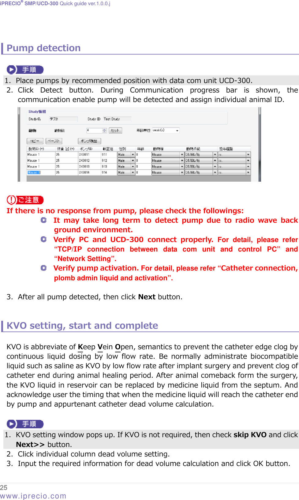 iPRECIO® SMP/UCD-300 Quick guide ver.1.0.0.j   Pump detection   1. Place pumps by recommended position with data com unit UCD-300. 2. Click  Detect  button.  During  Communication  progress  bar  is  shown,  the communication enable pump will be detected and assign individual animal ID.    If there is no response from pump, please check the followings:  It may take long term to detect pump due to radio wave back ground environment.  Verify  PC  and  UCD-300  connect  properly.  For detail, please refer “TCP/IP connection between data com unit and control PC” and “Network Setting”.  Verify pump activation. For detail, please refer “Catheter connection, plomb admin liquid and activation”.  3. After all pump detected, then click Next button.   KVO setting, start and complete  KVO is abbreviate of Keep Vein Open, semantics to prevent the catheter edge clog by continuous  liquid  dosing  by  low  flow  rate.  Be  normally  administrate  biocompatible liquid such as saline as KVO by low flow rate after implant surgery and prevent clog of catheter end during animal healing period. After animal comeback form the surgery, the KVO liquid in reservoir can be replaced by medicine liquid from the septum. And acknowledge user the timing that when the medicine liquid will reach the catheter end by pump and appurtenant catheter dead volume calculation.   1. KVO setting window pops up. If KVO is not required, then check skip KVO and click Next&gt;&gt; button. 2. Click individual column dead volume setting. 3. Input the required information for dead volume calculation and click OK button. 25  www.iprecio.com 