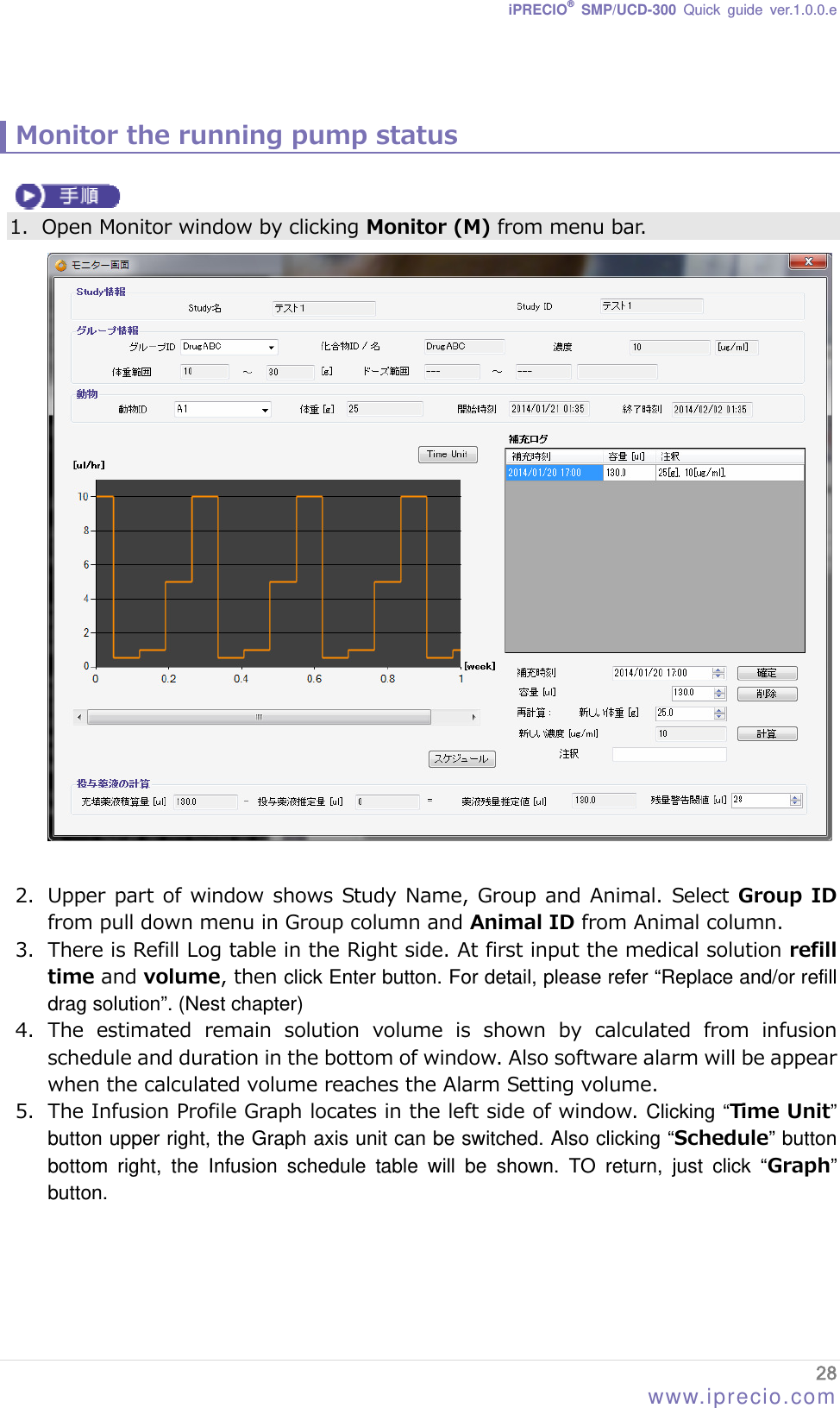 iPRECIO® SMP/UCD-300 Quick guide ver.1.0.0.e   Monitor the running pump status   1. Open Monitor window by clicking Monitor (M) from menu bar.   2. Upper part of window shows Study Name, Group and Animal. Select Group  ID from pull down menu in Group column and Animal ID from Animal column. 3. There is Refill Log table in the Right side. At first input the medical solution refill time and volume, then click Enter button. For detail, please refer “Replace and/or refill drag solution”. (Nest chapter) 4. The  estimated  remain  solution  volume  is  shown  by  calculated  from  infusion schedule and duration in the bottom of window. Also software alarm will be appear when the calculated volume reaches the Alarm Setting volume. 5. The Infusion Profile Graph locates in the left side of window. Clicking “Time Unit” button upper right, the Graph axis unit can be switched. Also clicking “Schedule” button bottom right, the Infusion schedule table will be shown. TO return, just click “Graph” button.   28 www.iprecio.com 