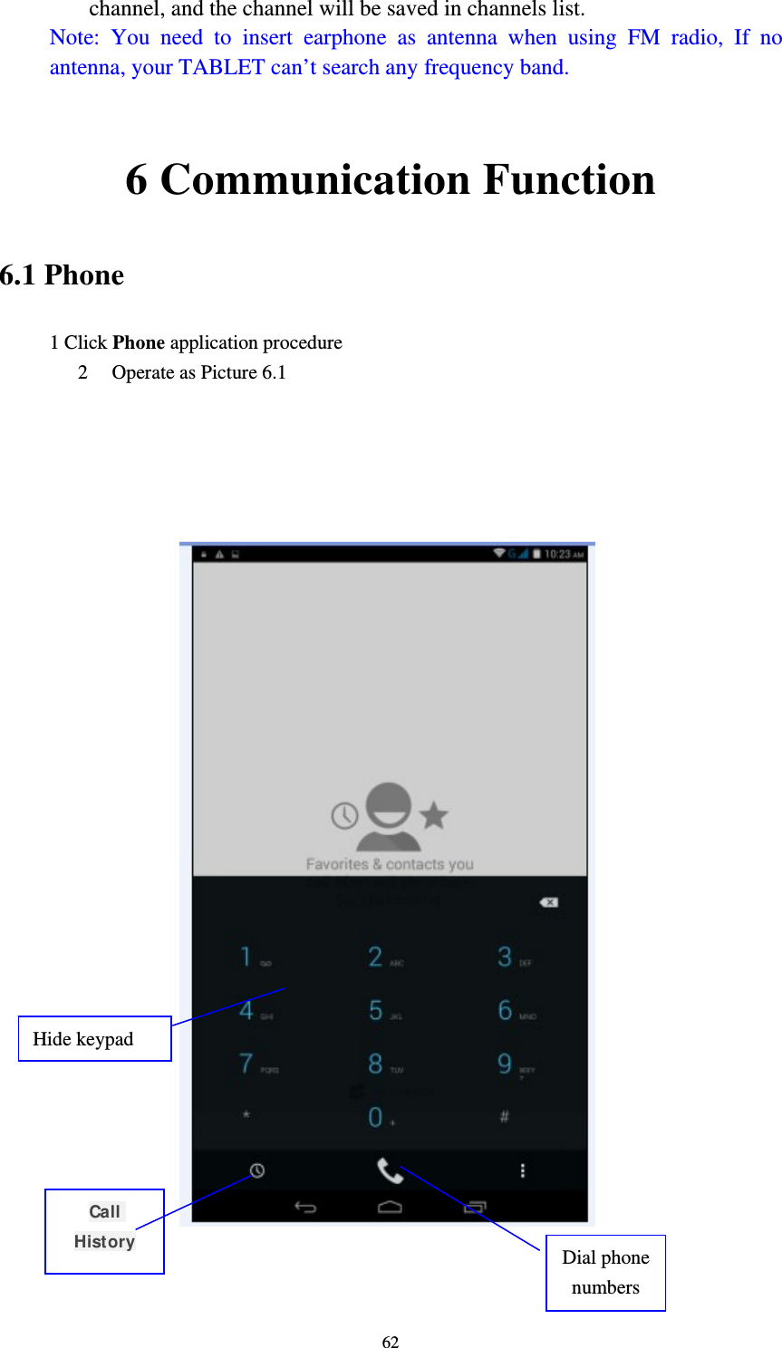     62channel, and the channel will be saved in channels list. Note: You need to insert earphone as antenna when using FM radio, If no antenna, your TABLET can’t search any frequency band.  6 Communication Function 6.1 Phone 1 Click Phone application procedure 2 Operate as Picture 6.1                        Dial phone numbers Hide keypad Call History 
