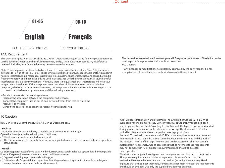 01-05 06-10FCC Requirement This device complies with part 15 of the FCC Rules. Operation is subject to the following two conditions: (1) this device may not cause harmful interference, and (2) this device must accept any interference received, including interference that may cause undesired operation.Note: This equipment has been tested and found to comply with the limits for a Class B digital device, pursuant to Part 15 of the FCC Rules. These limits are designed to provide reasonable protection against harmful interference in a residential installation. This equipment generates, uses, and can radiate radio frequency energy, and if not installed and used in accordance with the instructions, may cause harmful interference to radio communications. However, there is no guarantee that interference will not occur in a particular installation. If this equipment does cause harmful interference to radio or television reception, which can be determined by turning the equipment oﬀ and on, the user is encouraged to try to correct the interference by one or more of the following measures:– Reorient or relocate the receiving antenna.– Increase the separation between the equipment and receiver. – Connect the equipment into an outlet on a circuit diﬀerent from that to which thereceiver is connected. – Consult the dealer or an experienced radio/TV technician for help.IC CautionRSS-Gen Issue 4 December 2014&quot;&amp;&quot;CNR-Gen 4e Décembre 2014:- English:This device complies with Industry Canada licence-exempt RSS standard(s).Operation is subject to the following two conditions: (1) This device may not cause interference, and (2) This device must accept any interference, including interference that may cause undesired operationof the device.- French:Le présentappareilestconforme aux CNR d&apos;Industrie Canada applicables aux appareils radio exempts de licence. L&apos;exploitationestautorisée aux deux conditions suivantes:(1) l&apos;appareil ne doit pas produire de brouillage, et(2) l&apos;utilisateur de l&apos;appareildoit accepter tout brouillageradioélectriquesubi, mêmesi le brouillageest susceptible d&apos;encompromettre le fonctionnement.FCC ID : S5V-D0EKV2 IC: 22901-D0EKV2The device has been evaluated to meet general RF exposure requirement. The device can be used in portable exposure condition without restriction.FCC Caution:• Any Changes or modifications not expressly approved by the party responsible for compliance could void the user‘s authority to operate the equipment.IC RF Exposure Information and Statement The SAR limit of Canada (C) is 1.6 W/kg averaged over one gram of tissue. Device types: (IC: 22901-D0EKV2) has also been tested against this SAR limit According to this standard, the highest SAR value reported during product certification for head use is 1.160 W / kg, The device was tested for typical bodily operations where the product was kept 5 mm fromthe head. To maintain compliance with IC RF exposure requirements, use accessories that maintain a separation distance of 0mm between the user&apos;s head and the back of the headset. The use of belt clips, holsters and similar accessories shall not contain metal parts in its assembly. Use of accessories that do not meet these requirements may not comply with IC RF exposure requirements and should be avoided.Head operationThe device was subjected to a typical head manipulation test. In order to comply with RF exposure requirements, a minimum separation distance of 0 cm must be maintained between the user&apos;s ear and the product (including the antenna). Head exposure that do not meet these requirements may not meet RF exposure requirements and should be avoided. Use only the supplied or approved antenna.