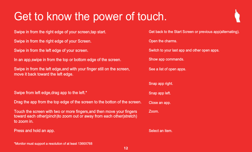 Get to know the power of touch.*Monitor must support a resolution of at least 1366X768Swipe in from the right edge of your screen,tap start.Swipe in from the right edge of your Screen.Swipe in from the left edge of your screen.In an app,swipe in from the top or bottom edge of the screen.Swipe in from the left edge,and with your finger still on the screen,move it back toward the left edge.Swipe from left edge,drag app to the left.*Drag the app from the top edge of the screen to the botton of the screen.toward each other(pinch)to zoom out or away from each other(stretch)to zoom in. Press and hold an app.Get back to the Start Screen or previous app(alternating).See a list of open apps.Show app commands.Switch to your last app and other open apps.Open the charms.Snap app right.Snap app left.Close an app.Zoom.Select an item.12Touch the screen with two or more fingers,and then move your fingers