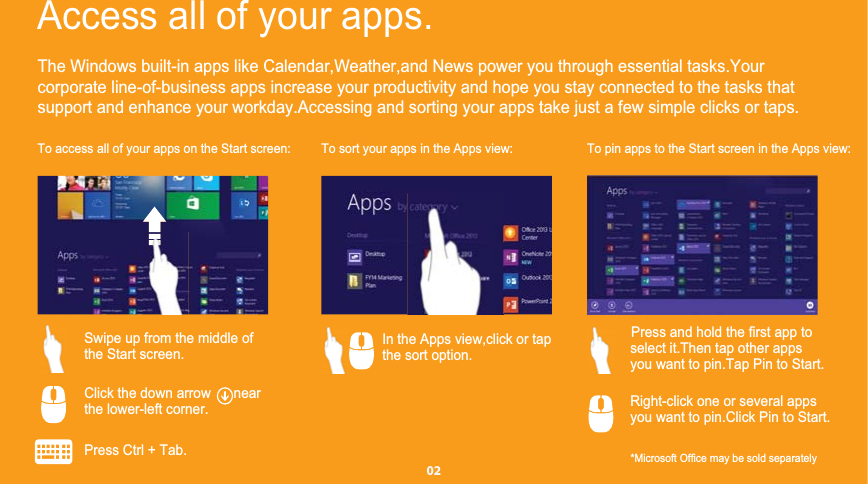 The Windows built-in apps like Calendar,Weather,and News power you through essential tasks.Yourcorporate line-of-business apps increase your productivity and hope you stay connected to the tasks thatsupport and enhance your workday.Accessing and sorting your apps take just a few simple clicks or taps.To access all of your apps on the Start screen: To sort your apps in the Apps view: To pin apps to the Start screen in the Apps view:Press Ctrl + Tab.  Click the down arrow      near            the lower-left corner. Swipe up from the middle of  the Start screen. In the Apps view,click or tap        the sort option. select it.Then tap other apps   you want to pin.Tap Pin to Start.    Right-click one or several apps  you want to pin.Click Pin to Start.  Access all of your apps.     02Press and hold the first app to*Microsoft Office may be sold separately