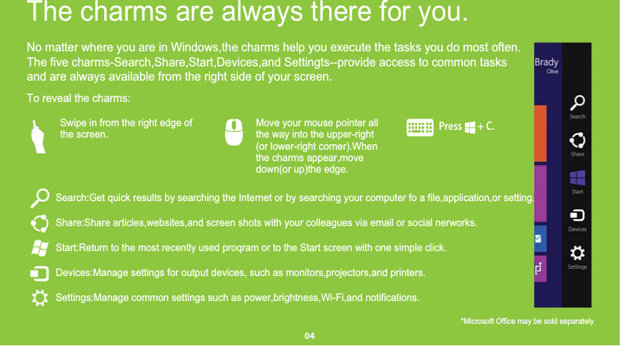 No matter where you are in Windows,the charms help you execute the tasks you do most often.and are always available from the right side of your screen.To reveal the charms:Press       + C.        Move your mouse pointer all      the way into the upper-right    (or lower-right corner).When the charms appear,move down(or up)the edge.  Swipe in from the right edge of     the screen. Search:Get quick results by searching the Internet or by searching your computer fo a file,application,or setting.Share:Share articles,websites,and screen shots with your colleagues via email or social nerworks.          Start:Return to the most recently used proqram or to the Start screen with one simple click.             Devices:Manage settings for output devices, such as monitors,projectors,and printers.        Settings:Manage common settings such as power,brightness,Wi-Fi,and notifications. The charms are always there for you.    .04The five charms-Search,Share,Start,Devices,and Settingts--provide access to common tasks*Microsoft Office may be sold separately