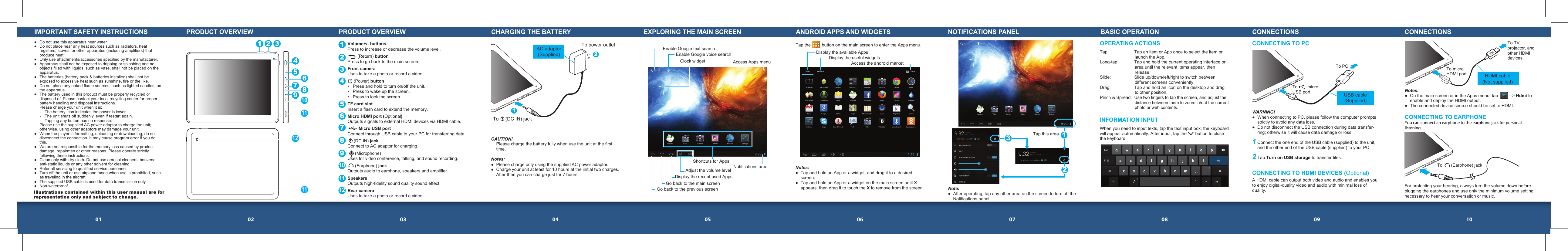 01 02 03 04 05 06 07 08 09 10IMPORTANT SAFETY INSTRUCTIONS●  Do not use this apparatus near water. ●  Do not place near any heat sources such as radiators, heat registers, stoves, or other apparatus (including amplifiers) that produce heat.●  Only use attachments/accessories specified by the manufacturer.●  Apparatus shall not be exposed to dripping or splashing and no objects filled with liquids, such as vase, shall not be placed on the apparatus.●  The batteries (battery pack &amp; batteries installed) shall not be exposed to excessive heat such as sunshine, fire or the like.●  Do not place any naked flame sources, such as lighted candles, on the apparatus.●  The battery used in this product must be properly recycled or disposed of. Please contact your local recycling center for proper battery handling and disposal instructions.  Please charge your unit when it is:-  The battery icon indicates the power is lower.-  The unit shuts off suddenly, even if restart again.-  Tapping any button has no response.  Please use the supplied AC power adaptor to charge the unit; otherwise, using other adaptors may damage your unit.●  When the player is formatting, uploading or downloading, do not disconnect the connection. It may cause program error if you do this.●  We are not responsible for the memory loss caused by product damage, repairmen or other reasons. Please operate strictly following these instructions.●  Clean only with dry cloth. Do not use aerosol cleaners, benzene, anti-static liquids or any other solvent for cleaning●  Refer all servicing to qualified service personnel.●  Turn off the unit or use airplane mode when use is prohibited, such as traveling in the aircraft.●  The supplied USB cable is used for data transmission only.●  Non-waterproof.PRODUCT OVERVIEW PRODUCT OVERVIEW123456789Volume+/- buttonsPress to increase or decrease the volume level.        (Return) buttonPress to go back to the main screen.Front cameraUses to take a photo or record a video.     (Power) button•  Press and hold to turn on/off the unit.•  Press to wake up the screen.•  Press to lock the screen.TF card slotInsert a flash card to extend the memory.Micro HDMI port (Optional)Outputs signals to external HDMI devices via HDMI cable.         Micro USB portConnect through USB cable to your PC for transferring data.     (DC IN) jackConnect to AC adaptor for charging.      (Microphone)Uses for video conference, talking, and sound recording.      (Earphone) jackOutputs audio to earphone, speakers and amplifier.SpeakersOutputs high-fidelity sound quality sound effect.Rear cameraUses to take a photo or record a video.1 2 345678910111212101111CHARGING THE BATTERYCAUTION!  Please charge the battery fully when use the unit at the first time.Notes:●  Please charge only using the supplied AC power adaptor.●  Charge your unit at least for 10 hours at the initial two charges. After then you can charge just for 7 hours.Enable Google text searchClock widgetEnable Google voice searchAccess Apps menu Display the recent used AppsAdjust the volume levelShortcuts for AppsGo back to the main screenNotifications area Go back to the previous screenEXPLORING THE MAIN SCREEN ANDROID APPS AND WIDGETSDisplay the available Apps Display the useful widgets Access the android marketTap the         button on the main screen to enter the Apps menu. Notes:●  Tap and hold an App or a widget, and drag it to a desired screen.●  Tap and hold an App or a widget on the main screen until X appears, then drag it to touch the X to remove from the screen.Notes:●  On the main screen or in the Apps menu, tap         --&gt; Hdmi to enable and deploy the HDMI output.●  The connected device source should be set to HDMI.Note:●  After operating, tap any other area on the screen to turn off the Notifications panel.Tap this areaNOTIFICATIONS PANEL123OPERATING ACTIONSTap:  Tap an item or App once to select the item or launch the App.Long-tap:  Tap and hold the current operating interface or area until the relevant items appear, then release.Slide:  Slide up/down/left/right to switch between different screens conveniently.Drag:  Tap and hold an icon on the desktop and drag to other position.Pinch &amp; Spread: Use two fingers to tap the screen, and adjust the distance between them to zoom in/out the current photo or web contents.INFORMATION INPUTWhen you need to input texts, tap the text input box, the keyboard will appear automatically. After input, tap the       button to close the keyboard.BASIC OPERATION CONNECTIONS CONNECTIONSWARNING!●  When connecting to PC, please follow the computer prompts strictly to avoid any data loss.●  Do not disconnect the USB connection during data transfer-ring; otherwise it will cause data damage or loss.1 Connect the one end of the USB cable (supplied) to the unit, and the other end of the USB cable (supplied) to your PC. 2 Tap Turn on USB storage to transfer files.CONNECTING TO PCTo        micro USB portTo PCCONNECTING TO EARPHONECONNECTING TO HDMI DEVICES (Optional)To       (Earphone) jackYou can connect an earphone to the earphone jack for personal listening. A HDMI cable can output both video and audio and enables you to enjoy digital-quality video and audio with minimal loss of quality.To micro HDMI portTo TV,projector, andother HDMIdevices.For protecting your hearing, always turn the volume down before plugging the earphones and use only the minimum volume setting necessary to hear your conversation or music.USB cable(Supplied) HDMI cable (Not supplied)21To     (DC IN) jackTo power outletAC adaptor(Supplied) Illustrations contained within this user manual are for representation only and subject to change.