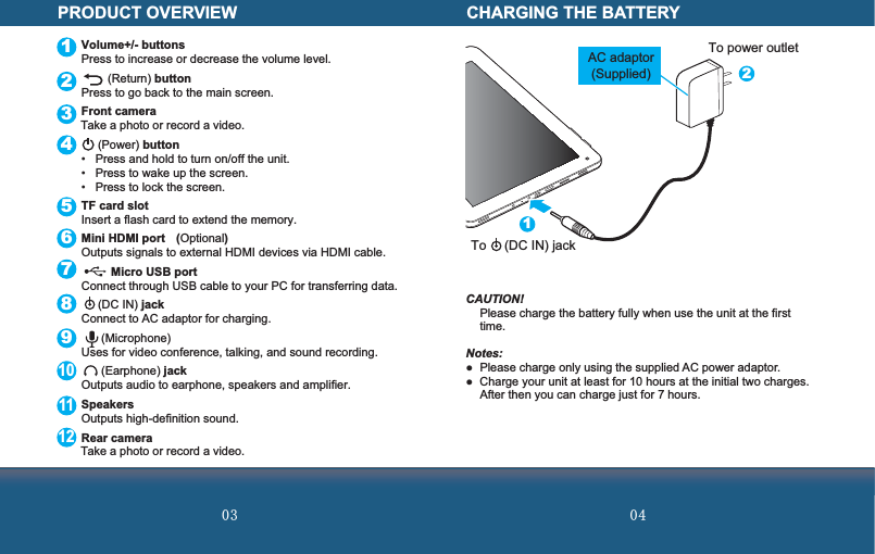  PRODUCT OVERVIEW123456789Volume+/- buttonsPress to increase or decrease the volume level.        (Return) buttonPress to go back to the main screen.Front camera  Take a photo or record a video.     (Power) button  Press and hold to turn on/off the unit.  Press to wake up the screen.  Press to lock the screen.TF card slotInsert a flash card to extend the memory.Mini HDMI port  (Optional)Outputs signals to external HDMI devices via HDMI cable.         Micro USB portConnect through USB cable to your PC for transferring data.     (DC IN) jackConnect to AC adaptor for charging.      (Microphone)Uses for video conference, talking, and sound recording.      (Earphone) jackOutputs audio to earphone, speakers and amplifier.SpeakersOutputs high-definition sound.Rear camera Take a photo or record a video.101112CHARGING THE BATTERYCAUTION!  Please charge the battery fully when use the unit at the first time.Notes:  Please charge only using the supplied AC power adaptor.  Charge your unit at least for 10 hours at the initial two charges. After then you can charge just for 7 hours.21To     (DC IN) jackTo power outletAC adaptor(Supplied) 
