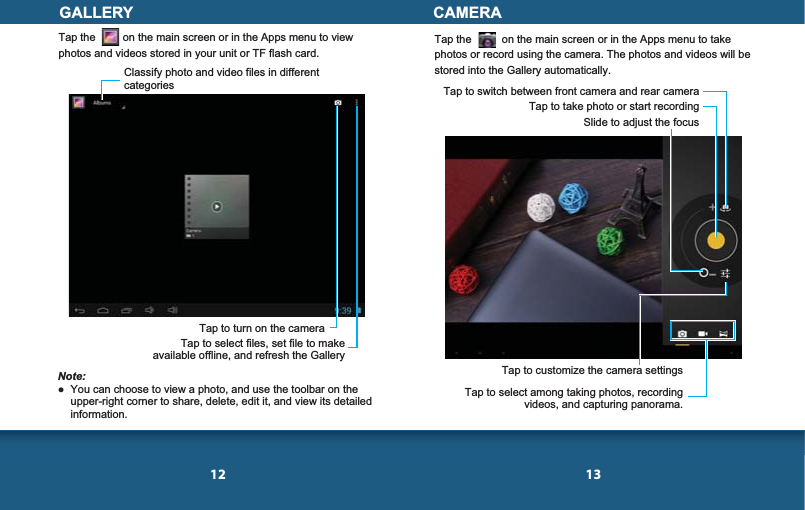 12 13Tap the          on the main screen or in the Apps menu to take photos or record using the camera. The photos and videos will be stored into the Gallery automatically.GALLERYTap the         on the main screen or in the Apps menu to view photos and videos stored in your unit or TF flash card.Note: You can choose to view a photo, and use the toolbar on the upper-right corner to share, delete, edit it, and view its detailed information.Classify photo and video files in different categories Tap to turn on the cameraTap to select files, set file to make available offline, and refresh the GalleryCAMERASlide to adjust the focusTap to select among taking photos, recording videos, and capturing panorama.Tap to customize the camera settingsTap to take photo or start recordingTap to switch between front camera and rear camera
