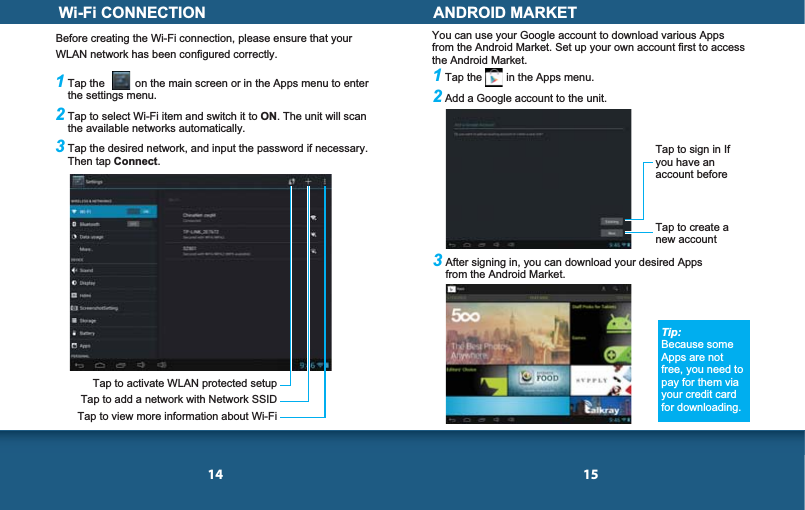 14 151 Tap the        in the Apps menu.2 Add a Google account to the unit. Wi-Fi CONNECTION1 Tap the          on the main screen or in the Apps menu to enter the settings menu.2 Tap to select Wi-Fi item and switch it to ON. The unit will scan the available networks automatically.3 Tap the desired network, and input the password if necessary. Then tap Connect.Before creating the Wi-Fi connection, please ensure that your WLAN network has been configured correctly.Tap to activate WLAN protected setupTap to add a network with Network SSIDTap to view more information about Wi-FiANDROID MARKETYou can use your Google account to download various Apps from the Android Market. Set up your own account first to access the Android Market.Tap to sign in If you have an account beforeTap to create a new account3 After signing in, you can download your desired Apps from the Android Market. Tip:Because some Apps are not free, you need to pay for them via your credit card for downloading.