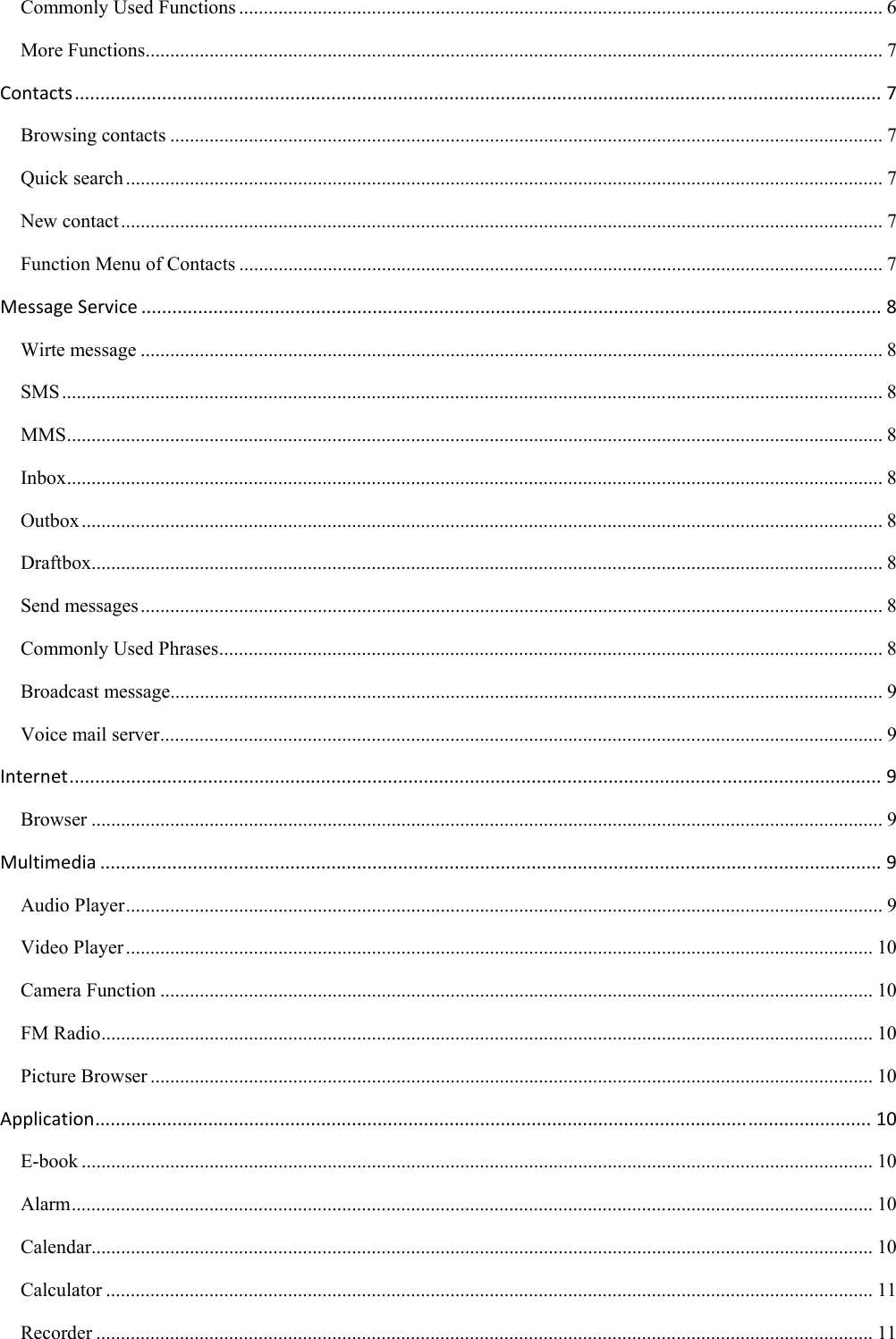  Commonly Used Functions ................................................................................................................................... 6 More Functions ...................................................................................................................................................... 7 Contacts.............................................................................................................................................................7 Browsing contacts ................................................................................................................................................. 7 Quick search .......................................................................................................................................................... 7 New contact ........................................................................................................................................................... 7 Function Menu of Contacts ................................................................................................................................... 7 MessageService................................................................................................................................................8 Wirte message ....................................................................................................................................................... 8 SMS ....................................................................................................................................................................... 8 MMS ...................................................................................................................................................................... 8 Inbox ...................................................................................................................................................................... 8 Outbox ................................................................................................................................................................... 8 Draftbox................................................................................................................................................................. 8 Send messages ....................................................................................................................................................... 8 Commonly Used Phrases ....................................................................................................................................... 8 Broadcast message................................................................................................................................................. 9 Voice mail server ................................................................................................................................................... 9 Internet..............................................................................................................................................................9 Browser ................................................................................................................................................................. 9 Multimedia........................................................................................................................................................9 Audio Player .......................................................................................................................................................... 9 Video Player ........................................................................................................................................................ 10 Camera Function ................................................................................................................................................. 10 FM Radio ............................................................................................................................................................. 10 Picture Browser ................................................................................................................................................... 10 Application.......................................................................................................................................................10 E-book ................................................................................................................................................................. 10 Alarm ................................................................................................................................................................... 10 Calendar............................................................................................................................................................... 10 Calculator ............................................................................................................................................................ 11 Recorder .............................................................................................................................................................. 11 