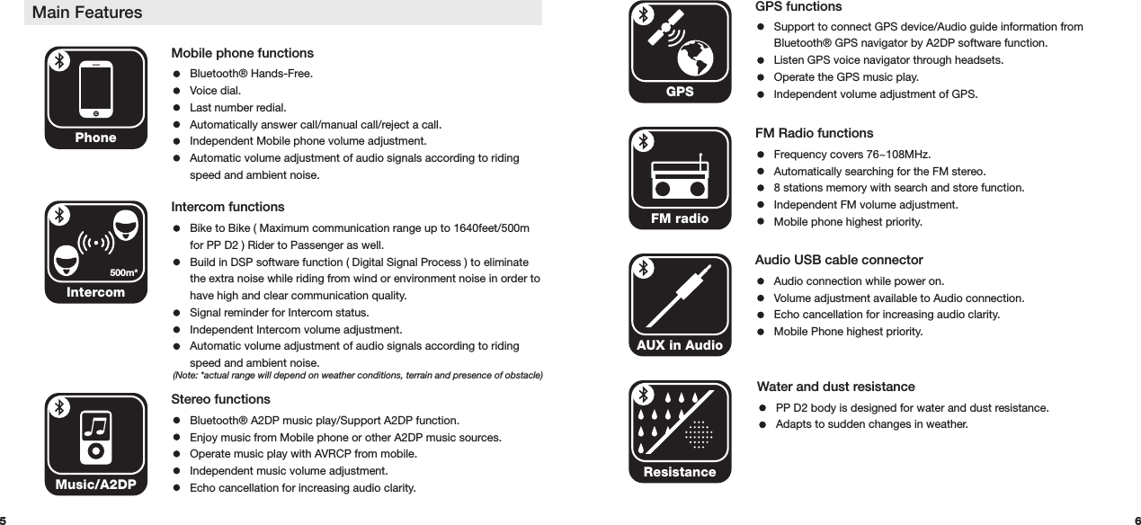 65Bluetooth® A2DP music play/Support A2DP function. Enjoy music from Mobile phone or other A2DP music sources.Operate music play with AVRCP from mobile.Independent music volume adjustment.Echo cancellation for increasing audio clarity. Stereo functionsMusic/A2DPBike to Bike ( Maximum communication range up to 1640feet/500m for PP D2 ) Rider to Passenger as well.Build in DSP software function ( Digital Signal Process ) to eliminate the extra noise while riding from wind or environment noise in order to have high and clear communication quality. Signal reminder for Intercom status.Independent Intercom volume adjustment.Automatic volume adjustment of audio signals according to riding speed and ambient noise.Intercom functionsIntercom500m*(Note: *actual range will depend on weather conditions, terrain and presence of obstacle)Main FeaturesBluetooth® Hands-Free.Voice dial.Last number redial.Automatically answer call/manual call/reject a call.Independent Mobile phone volume adjustment.Automatic volume adjustment of audio signals according to riding speed and ambient noise.Mobile phone functionsPhoneFrequency covers 76~108MHz.Automatically searching for the FM stereo.8 stations memory with search and store function.Independent FM volume adjustment.Mobile phone highest priority.FM Radio functionsFM radioAudio connection while power on.Volume adjustment available to Audio connection.Echo cancellation for increasing audio clarity.Mobile Phone highest priority.Audio USB cable connector AUX in AudioSupport to connect GPS device/Audio guide information from Bluetooth® GPS navigator by A2DP software function.Listen GPS voice navigator through headsets.Operate the GPS music play.Independent volume adjustment of GPS.GPS functionsGPSPP D2 body is designed for water and dust resistance.Adapts to sudden changes in weather.Water and dust resistanceResistance
