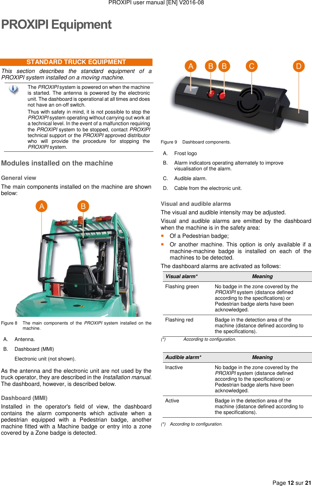 PROXIPI user manual [EN] V2016-08   Page 12 sur 21  PROXIPI EquipmentSTANDARD TRUCK EQUIPMENT This  section  describes  the  standard  equipment  of  a PROXIPI system installed on a moving machine.  The PROXIPI system is powered on when the machine is started. The antenna is powered by the electronic unit. The dashboard is operational at all times and does not have an on-off switch. Thus with safety in mind, it is not possible to stop the PROXIPI system operating without carrying out work at a technical level. In the event of a malfunction requiring the PROXIPI system to be stopped, contact PROXIPI technical support or the PROXIPI approved distributor who  will  provide  the  procedure  for  stopping  the PROXIPI system. Modules installed on the machine General view The main components installed on the machine are shown below:  Figure 8  The  main  components of  the  PROXIPI  system  installed on  the machine. A. Antenna. B. Dashboard (MMI)  Electronic unit (not shown). As the antenna and the electronic unit are not used by the truck operator, they are described in the Installation manual. The dashboard, however, is described below. Dashboard (MMI) Installed  in  the  operator&apos;s  field  of  view,  the  dashboard contains  the  alarm  components  which  activate  when  a pedestrian  equipped  with  a  Pedestrian  badge,  another machine fitted with a Machine badge or entry into a zone covered by a Zone badge is detected.  Figure 9  Dashboard components. A. Frost logo B. Alarm indicators operating alternately to improve visualisation of the alarm. C. Audible alarm. D. Cable from the electronic unit. Visual and audible alarms The visual and audible intensity may be adjusted. Visual  and  audible  alarms  are  emitted  by  the  dashboard when the machine is in the safety area:  Of a Pedestrian badge;  Or  another  machine.  This  option  is  only  available  if  a machine-machine  badge  is  installed  on  each  of  the machines to be detected. The dashboard alarms are activated as follows: Visual alarm* Meaning Flashing green No badge in the zone covered by the PROXIPI system (distance defined according to the specifications) or Pedestrian badge alerts have been acknowledged. Flashing red Badge in the detection area of the machine (distance defined according to the specifications). (*)  According to configuration.  Audible alarm* Meaning Inactive No badge in the zone covered by the PROXIPI system (distance defined according to the specifications) or Pedestrian badge alerts have been acknowledged. Active Badge in the detection area of the machine (distance defined according to the specifications). (*)  According to configuration.    