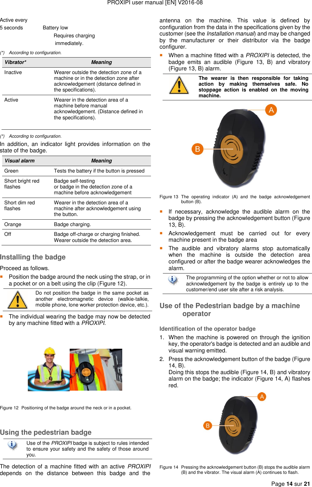 PROXIPI user manual [EN] V2016-08   Page 14 sur 21  Active every  5 seconds              Battery low                                                         Requires charging                                         immediately. (*)  According to configuration. Vibrator* Meaning Inactive Wearer outside the detection zone of a machine or in the detection zone after acknowledgement (distance defined in the specifications). Active Wearer in the detection area of a machine before manual acknowledgement. (Distance defined in the specifications).  (*)  According to configuration. In  addition,  an  indicator  light  provides  information  on  the state of the badge. Visual alarm Meaning Green Tests the battery if the button is pressed Short bright red flashes Badge self-testing or badge in the detection zone of a machine before acknowledgement Short dim red flashes Wearer in the detection area of a machine after acknowledgement using the button. Orange Badge charging. Off Badge off-charge or charging finished. Wearer outside the detection area. Installing the badge Proceed as follows.  Position the badge around the neck using the strap, or in a pocket or on a belt using the clip (Figure 12).  Do not position the badge in the same pocket as another  electromagnetic  device  (walkie-talkie, mobile phone, lone worker protection device, etc.).  The individual wearing the badge may now be detected by any machine fitted with a PROXIPI.     Figure 12  Positioning of the badge around the neck or in a pocket.  Using the pedestrian badge  Use of the PROXIPI badge is subject to rules intended to ensure your safety and the safety of those around you. The detection of a machine fitted with an active  PROXIPI depends  on  the  distance  between  this  badge  and  the antenna  on  the  machine.  This  value  is  defined  by configuration from the data in the specifications given by the customer (see the Installation manual) and may be changed by  the  manufacturer  or  their  distributor  via  the  badge configurer.  When a machine fitted with a PROXIPI is detected, the badge  emits  an  audible  (Figure  13,  B)  and  vibratory (Figure 13, B) alarm.  The  wearer  is  then  responsible  for  taking action  by  making  themselves  safe.  No stoppage  action  is  enabled  on  the  moving machine.  Figure 13  The  operating  indicator  (A)  and  the  badge  acknowledgement button (B).  If  necessary,  acknowledge  the  audible  alarm  on  the badge by pressing the acknowledgement button (Figure 13, B).  Acknowledgement  must  be  carried  out  for  every machine present in the badge area  The  audible  and  vibratory  alarms  stop  automatically when  the  machine  is  outside  the  detection  area configured or after the badge wearer acknowledges the alarm.    The programming of the option whether or not to allow acknowledgement by  the  badge is  entirely up to the customer/end user site after a risk analysis.  Use of the Pedestrian badge by a machine operator Identification of the operator badge 1.  When the machine is powered on through  the ignition key, the operator&apos;s badge is detected and an audible and visual warning emitted. 2.  Press the acknowledgement button of the badge (Figure 14, B).   Doing this stops the audible (Figure 14, B) and vibratory alarm on the badge; the indicator (Figure 14, A) flashes red.   Figure 14  Pressing the acknowledgement button (B) stops the audible alarm (B) and the vibrator. The visual alarm (A) continues to flash. 