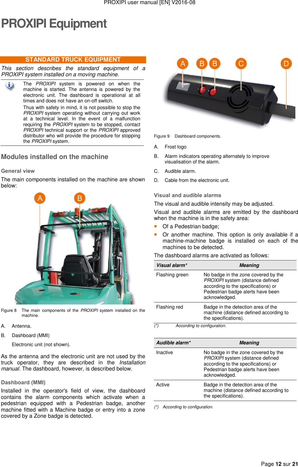 PROXIPI user manual [EN] V2016-08   Page 12 sur 21  PROXIPI EquipmentSTANDARD TRUCK EQUIPMENT This  section  describes  the  standard  equipment  of  a PROXIPI system installed on a moving machine.  The  PROXIPI  system  is  powered  on  when  the machine  is  started.  The  antenna  is  powered  by  the electronic  unit.  The  dashboard  is  operational  at  all times and does not have an on-off switch. Thus with safety in mind, it is not possible to stop the PROXIPI system operating without carrying out work at  a  technical  level.  In  the  event  of  a  malfunction requiring the PROXIPI system to be stopped, contact PROXIPI technical support or the PROXIPI approved distributor who will provide the procedure for stopping the PROXIPI system. Modules installed on the machine General view The main components installed on the machine are shown below:  Figure 8  The  main  components  of  the  PROXIPI system  installed on  the machine. A. Antenna. B. Dashboard (MMI)  Electronic unit (not shown). As the antenna and the electronic unit are not used by the truck  operator,  they  are  described  in  the  Installation manual. The dashboard, however, is described below. Dashboard (MMI) Installed  in  the  operator&apos;s  field  of  view,  the  dashboard contains  the  alarm  components  which  activate  when  a pedestrian  equipped  with  a  Pedestrian  badge,  another machine fitted with a Machine badge or entry into a zone covered by a Zone badge is detected.  Figure 9  Dashboard components. A. Frost logo B. Alarm indicators operating alternately to improve visualisation of the alarm. C. Audible alarm. D. Cable from the electronic unit. Visual and audible alarms The visual and audible intensity may be adjusted. Visual  and  audible  alarms  are  emitted  by  the  dashboard when the machine is in the safety area:  Of a Pedestrian badge;  Or  another  machine.  This  option  is  only  available  if  a machine-machine  badge  is  installed  on  each  of  the machines to be detected. The dashboard alarms are activated as follows: Visual alarm* Meaning Flashing green No badge in the zone covered by the PROXIPI system (distance defined according to the specifications) or Pedestrian badge alerts have been acknowledged. Flashing red Badge in the detection area of the machine (distance defined according to the specifications). (*)  According to configuration.  Audible alarm* Meaning Inactive No badge in the zone covered by the PROXIPI system (distance defined according to the specifications) or Pedestrian badge alerts have been acknowledged. Active Badge in the detection area of the machine (distance defined according to the specifications). (*)  According to configuration.    