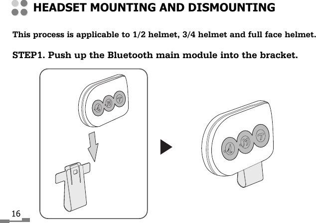 16This process is applicable to 1/2 helmet, 3/4 helmet and full face helmet.STEP1. Push up the Bluetooth main module into the bracket.HEADSET MOUNTING AND DISMOUNTING