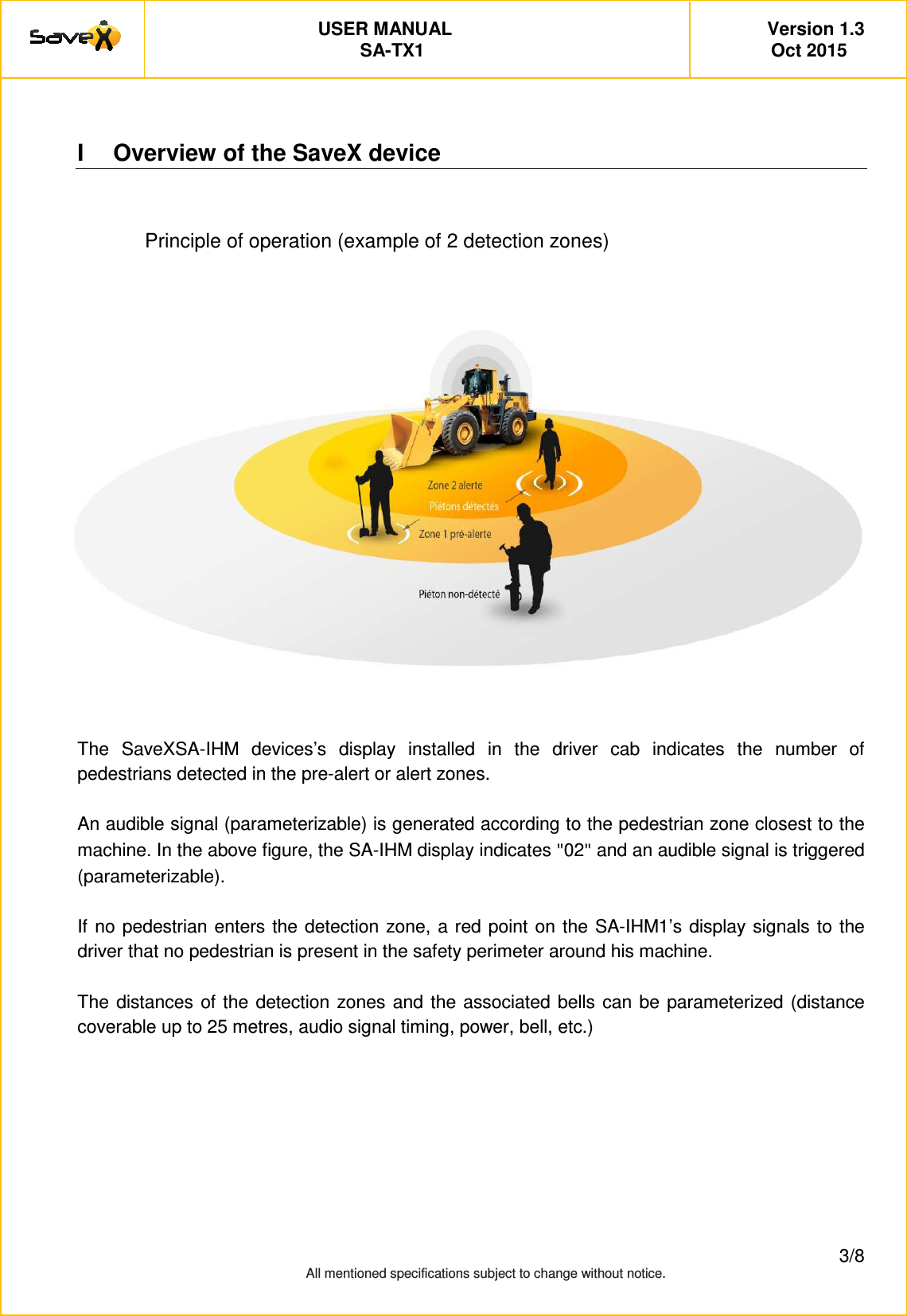         USER MANUAL   Version 1.3 SA-TX1   Oct 2015         3/8 All mentioned specifications subject to change without notice.   I  Overview of the SaveX device  Principle of operation (example of 2 detection zones)                  The  SaveXSA-IHM  devices&rsquo;s  display  installed  in  the  driver  cab  indicates  the  number  of pedestrians detected in the pre-alert or alert zones.    An audible signal (parameterizable) is generated according to the pedestrian zone closest to the machine. In the above figure, the SA-IHM display indicates "02" and an audible signal is triggered (parameterizable).  If no pedestrian enters the detection  zone, a red point on the  SA-IHM1&rsquo;s display signals to the driver that no pedestrian is present in the safety perimeter around his machine.  The  distances of the  detection zones and  the  associated bells  can  be  parameterized (distance coverable up to 25 metres, audio signal timing, power, bell, etc.)    