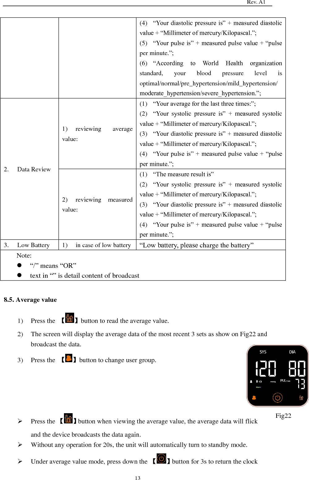                                                                                   Rev. A1  13 (4)  ―Your diastolic pressure is‖ + measured diastolic value + ―Millimeter of mercury/Kilopascal.‖; (5)  ―Your pulse is‖ + measured pulse value + ―pulse per minute.‖; (6)  ―According  to  World  Health  organization standard,  your  blood  pressure  level  is optimal/normal/pre_hypertension/mild_hypertension/moderate_hypertension/severe_hypertension.‖; 2.  Data Review 1)  reviewing  average value: (1)  ―Your average for the last three times:‖; (2)  ―Your  systolic  pressure  is‖  +  measured  systolic value + ―Millimeter of mercury/Kilopascal.‖; (3)  ―Your diastolic pressure is‖ + measured diastolic value + ―Millimeter of mercury/Kilopascal.‖; (4)  ―Your pulse is‖ + measured pulse value + ―pulse per minute.‖; 2)  reviewing  measured value: (1)  ―The measure result is‖ (2)  ―Your  systolic  pressure  is‖  +  measured  systolic value + ―Millimeter of mercury/Kilopascal.‖; (3)  ―Your diastolic pressure is‖ + measured diastolic value + ―Millimeter of mercury/Kilopascal.‖; (4)  ―Your pulse is‖ + measured pulse value + ―pulse per minute.‖; 3.  Low Battery 1)  in case of low battery ―Low battery, please charge the battery‖   Note:  ―/‖ means ―OR‖  text in ―‖ is detail content of broadcast  8.5. Average value 1) Press the  【 】button to read the average value. 2) The screen will display the average data of the most recent 3 sets as show on Fig22 and broadcast the data. 3) Press the  【 】button to change user group.      Press the 【 】button when viewing the average value, the average data will flick and the device broadcasts the data again.  Without any operation for 20s, the unit will automatically turn to standby mode.  Under average value mode, press down the 【 】button for 3s to return the clock Fig22  