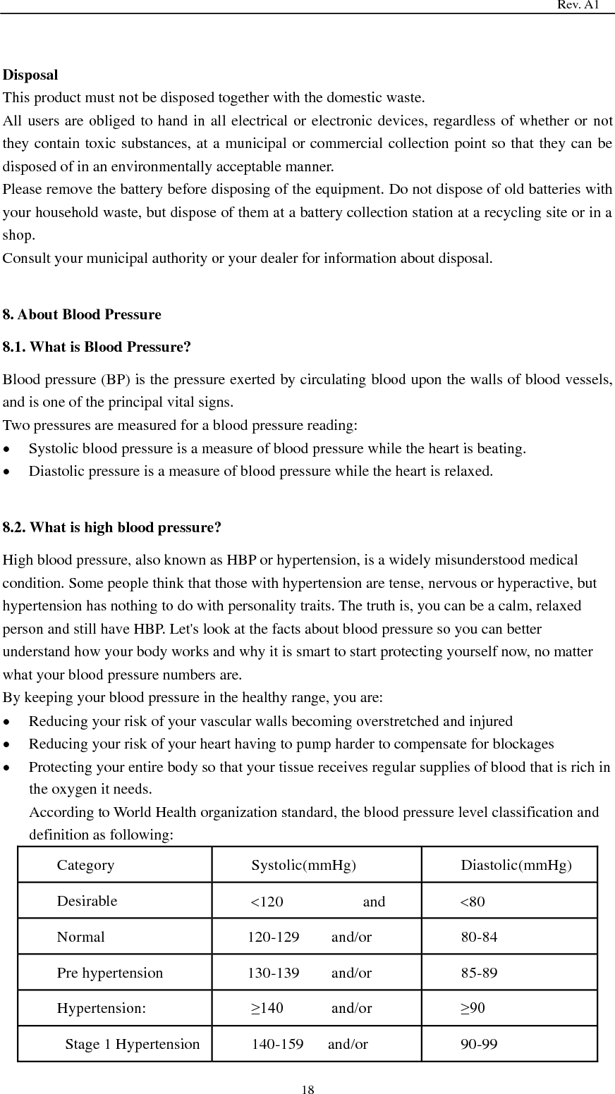                                                                                   Rev. A1  18  Disposal This product must not be disposed together with the domestic waste. All users are obliged to hand in all electrical or electronic devices, regardless of whether or not they contain toxic substances, at a municipal or commercial collection point so that they can be disposed of in an environmentally acceptable manner. Please remove the battery before disposing of the equipment. Do not dispose of old batteries with your household waste, but dispose of them at a battery collection station at a recycling site or in a shop. Consult your municipal authority or your dealer for information about disposal.  8. About Blood Pressure 8.1. What is Blood Pressure? Blood pressure (BP) is the pressure exerted by circulating blood upon the walls of blood vessels, and is one of the principal vital signs. Two pressures are measured for a blood pressure reading:  Systolic blood pressure is a measure of blood pressure while the heart is beating.    Diastolic pressure is a measure of blood pressure while the heart is relaxed.    8.2. What is high blood pressure? High blood pressure, also known as HBP or hypertension, is a widely misunderstood medical condition. Some people think that those with hypertension are tense, nervous or hyperactive, but hypertension has nothing to do with personality traits. The truth is, you can be a calm, relaxed person and still have HBP. Let&apos;s look at the facts about blood pressure so you can better understand how your body works and why it is smart to start protecting yourself now, no matter what your blood pressure numbers are. By keeping your blood pressure in the healthy range, you are:  Reducing your risk of your vascular walls becoming overstretched and injured  Reducing your risk of your heart having to pump harder to compensate for blockages  Protecting your entire body so that your tissue receives regular supplies of blood that is rich in the oxygen it needs. According to World Health organization standard, the blood pressure level classification and definition as following: Category Systolic(mmHg) Diastolic(mmHg) Desirable 120                    and 80 Normal   120-129        and/or 80-84 Pre hypertension 130-139        and/or 85-89 Hypertension: ≥140            and/or ≥90   Stage 1 Hypertension 140-159      and/or 90-99 