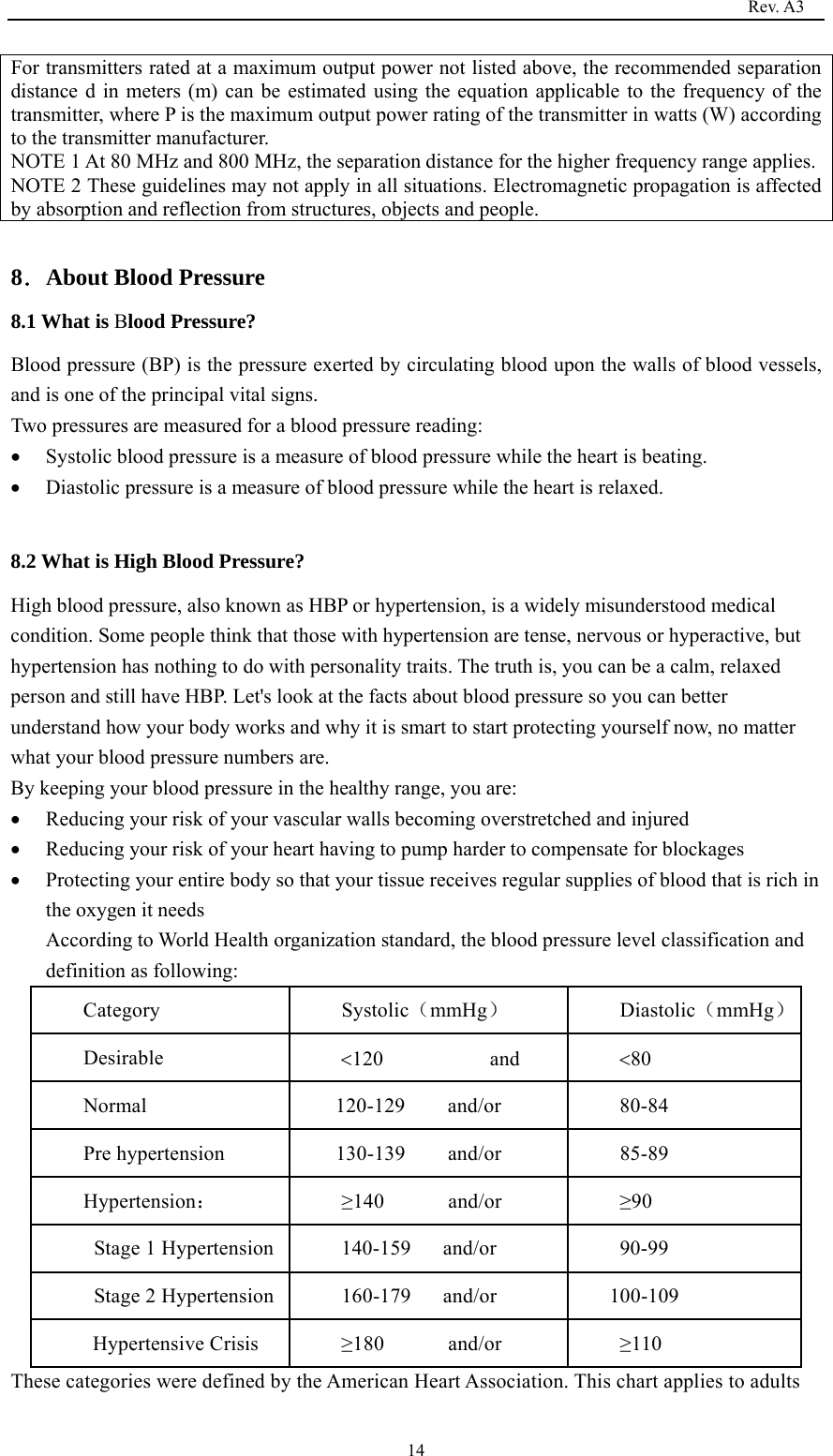                                                                                   Rev. A3  14For transmitters rated at a maximum output power not listed above, the recommended separation distance d in meters (m) can be estimated using the equation applicable to the frequency of the transmitter, where P is the maximum output power rating of the transmitter in watts (W) according to the transmitter manufacturer. NOTE 1 At 80 MHz and 800 MHz, the separation distance for the higher frequency range applies.NOTE 2 These guidelines may not apply in all situations. Electromagnetic propagation is affected by absorption and reflection from structures, objects and people.  8．About Blood Pressure                                           8.1 What is Blood Pressure?                                                     Blood pressure (BP) is the pressure exerted by circulating blood upon the walls of blood vessels, and is one of the principal vital signs. Two pressures are measured for a blood pressure reading:  Systolic blood pressure is a measure of blood pressure while the heart is beating.    Diastolic pressure is a measure of blood pressure while the heart is relaxed.    8.2 What is High Blood Pressure?                                               High blood pressure, also known as HBP or hypertension, is a widely misunderstood medical condition. Some people think that those with hypertension are tense, nervous or hyperactive, but hypertension has nothing to do with personality traits. The truth is, you can be a calm, relaxed person and still have HBP. Let&apos;s look at the facts about blood pressure so you can better understand how your body works and why it is smart to start protecting yourself now, no matter what your blood pressure numbers are. By keeping your blood pressure in the healthy range, you are:  Reducing your risk of your vascular walls becoming overstretched and injured  Reducing your risk of your heart having to pump harder to compensate for blockages  Protecting your entire body so that your tissue receives regular supplies of blood that is rich in the oxygen it needs According to World Health organization standard, the blood pressure level classification and definition as following: Category Systolic（mmHg） Diastolic（mmHg） Desirable  120          and  80 Normal   120-129    and/or  80-84 Pre hypertension  130-139    and/or  85-89 Hypertension： ≥140      and/or  ≥90  Stage 1 Hypertension  140-159   and/or  90-99  Stage 2 Hypertension  160-179   and/or  100-109 Hypertensive Crisis  ≥180      and/or  ≥110 These categories were defined by the American Heart Association. This chart applies to adults 