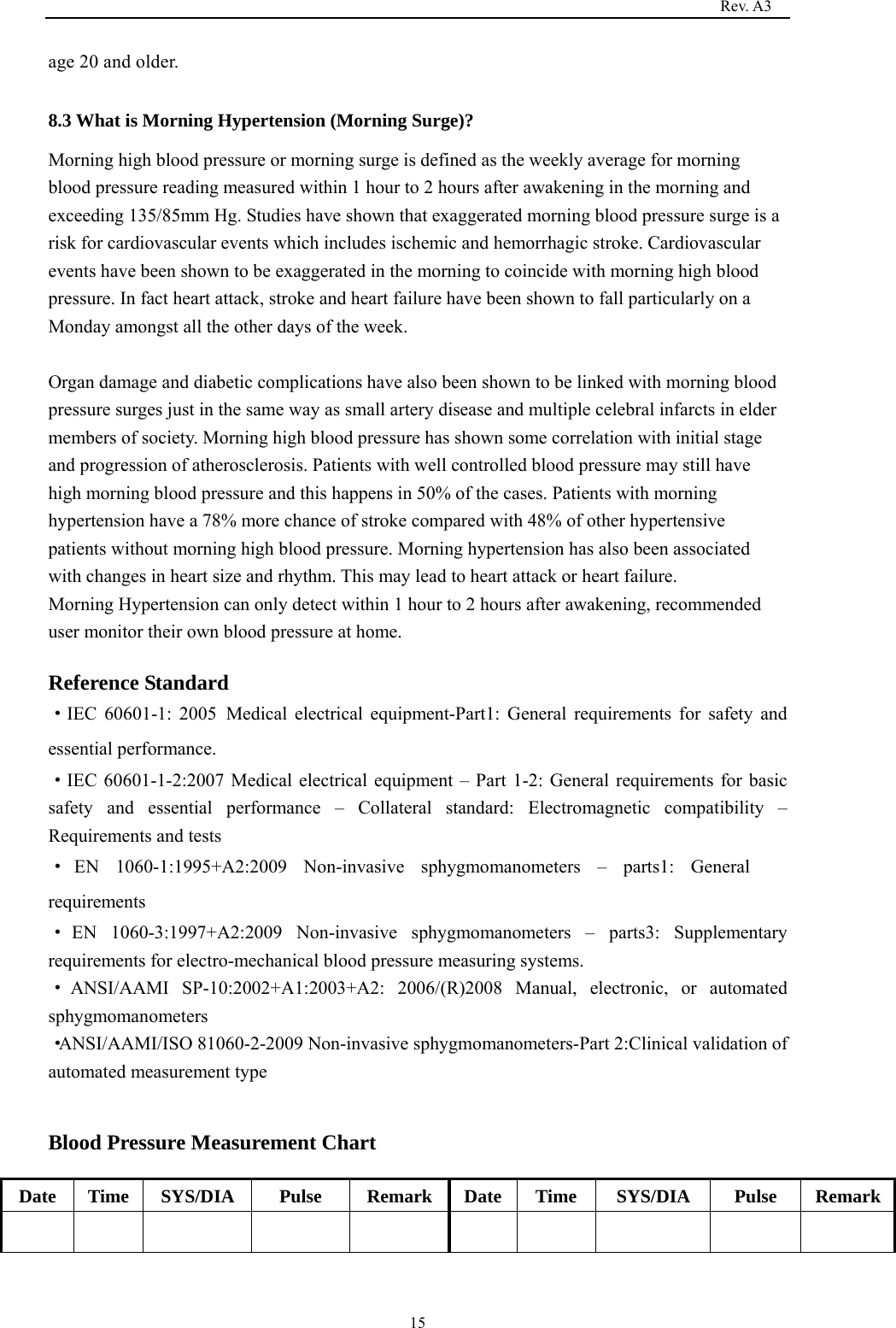                                                                                   Rev. A3  15age 20 and older.  8.3 What is Morning Hypertension (Morning Surge)? Morning high blood pressure or morning surge is defined as the weekly average for morning blood pressure reading measured within 1 hour to 2 hours after awakening in the morning and exceeding 135/85mm Hg. Studies have shown that exaggerated morning blood pressure surge is a risk for cardiovascular events which includes ischemic and hemorrhagic stroke. Cardiovascular events have been shown to be exaggerated in the morning to coincide with morning high blood pressure. In fact heart attack, stroke and heart failure have been shown to fall particularly on a Monday amongst all the other days of the week.  Organ damage and diabetic complications have also been shown to be linked with morning blood pressure surges just in the same way as small artery disease and multiple celebral infarcts in elder members of society. Morning high blood pressure has shown some correlation with initial stage and progression of atherosclerosis. Patients with well controlled blood pressure may still have high morning blood pressure and this happens in 50% of the cases. Patients with morning hypertension have a 78% more chance of stroke compared with 48% of other hypertensive patients without morning high blood pressure. Morning hypertension has also been associated with changes in heart size and rhythm. This may lead to heart attack or heart failure. Morning Hypertension can only detect within 1 hour to 2 hours after awakening, recommended user monitor their own blood pressure at home.    Reference Standard ·IEC 60601-1: 2005 Medical electrical equipment-Part1: General requirements for safety and essential performance. ·IEC 60601-1-2:2007 Medical electrical equipment – Part 1-2: General requirements for basic safety and essential performance – Collateral standard: Electromagnetic compatibility – Requirements and tests ·EN 1060-1:1995+A2:2009 Non-invasive sphygmomanometers – parts1: General requirements ·EN 1060-3:1997+A2:2009 Non-invasive sphygmomanometers – parts3: Supplementary requirements for electro-mechanical blood pressure measuring systems. ·ANSI/AAMI SP-10:2002+A1:2003+A2: 2006/(R)2008 Manual, electronic, or automated sphygmomanometers ·ANSI/AAMI/ISO 81060-2-2009 Non-invasive sphygmomanometers-Part 2:Clinical validation of automated measurement type   Blood Pressure Measurement Chart   Date  Time  SYS/DIA   Pulse  Remark Date Time  SYS/DIA   Pulse  Remark                  