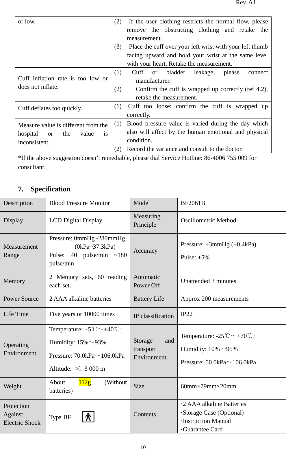                                                                          Rev. A1  10 or low.  (2) If the user clothing restricts the normal flow, please remove the obstructing clothing and retake the measurement. (3) Place the cuff over your left wrist with your left thumb facing upward  and  hold your wrist at the same level with your heart. Retake the measurement. Cuff inflation rate is too low or does not inflate. (1) Cuff or bladder leakage, please connect manufacturer. (2) Confirm the cuff is wrapped up correctly (ref 4.2), retake the measurement. Cuff deflates too quickly.  (1) Cuff too loose; confirm the cuff is wrapped up correctly. Measure value is different from the hospital or the value is inconsistent. (1) Blood pressure value is varied during the day which also will affect by the human emotional and physical condition. (2) Record the variance and consult to the doctor. *If the above suggestion doesn’t remediable, please dial Service Hotline: 86-4006 755 009 for consultant.  7.    Specification Description  Blood Pressure Monitor  Model  BF2061B Display LCD Digital Display Measuring Principle Oscillometric Method Measurement Range Pressure: 0mmHg~280mmHg   (0kPa~37.3kPa) Pulse: 40 pulse/min ~180 pulse/min Accuracy Pressure: ±3mmHg (±0.4kPa) Pulse: ±5% Memory 2 Memory sets,  60  reading each set. Automatic Power Off Unattended 3 minutes Power Source  2 AAA alkaline batteries         Battery Life  Approx 200 measurements Life Time  Five years or 10000 times  IP classification IP22 Operating Environment Temperature: +5℃～+40℃; Humidity: 15%～93% Pressure: 70.0kPa～106.0kPa Altitude:  ≤  3 000 m Storage and transport Environment Temperature: -25℃～+70℃; Humidity: 10%～95% Pressure: 50.0kPa～106.0kPa Weight  About  112g  (Without batteries)  Size  60mm×79mm×20mm Protection Against Electric Shock                       Type BF     Contents ·2 AAA alkaline Batteries ·Storage Case (Optional) ·Instruction Manual   ·Guarantee Card 