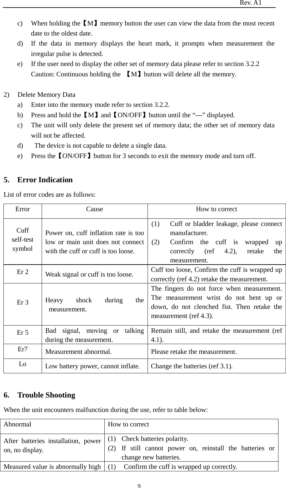                                                                          Rev. A1  9 c) When holding the【M】memory button the user can view the data from the most recent date to the oldest date. d) If the data in memory displays the heart mark, it prompts when measurement the irregular pulse is detected. e) If the user need to display the other set of memory data please refer to section 3.2.2 Caution: Continuous holding the  【M】button will delete all the memory.  2) Delete Memory Data   a) Enter into the memory mode refer to section 3.2.2. b) Press and hold the【M】and【ON/OFF】button until the “---” displayed. c) The unit will only delete the present set of memory data; the other set of memory data will not be affected. d)   The device is not capable to delete a single data. e) Press the【ON/OFF】button for 3 seconds to exit the memory mode and turn off.  5.    Error Indication List of error codes are as follows: Error Cause How to correct Cuff self-test symbol Power on, cuff inflation rate is too low or main unit does not connect with the cuff or cuff is too loose. (1) Cuff or bladder leakage, please connect manufacturer. (2) Confirm the cuff is wrapped up correctly (ref 4.2), retake the measurement. Er 2 Weak signal or cuff is too loose.  Cuff too loose, Confirm the cuff is wrapped up correctly (ref 4.2) retake the measurement. Er 3 Heavy shock during the measurement. The fingers do not force when measurement. The measurement wrist do not bent up or down, do not clenched fist. Then  retake the measurement (ref 4.3). Er 5 Bad  signal, moving or talking during the measurement. Remain still, and retake the measurement (ref 4.1). Er7 Measurement abnormal.  Please retake the measurement. Lo Low battery power, cannot inflate.  Change the batteries (ref 3.1).   6.    Trouble Shooting When the unit encounters malfunction during the use, refer to table below: Abnormal  How to correct After batteries installation, power on, no display. (1) Check batteries polarity. (2) If still cannot power on, reinstall the batteries or change new batteries. Measured value is abnormally high (1) Confirm the cuff is wrapped up correctly. 