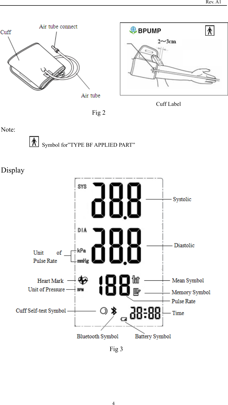                                                                                   Rev. A1  4                                                             Cuff Label                                 Fig 2  Note:   Symbol for”TYPE BF APPLIED PART”  Display Fig 3                                   