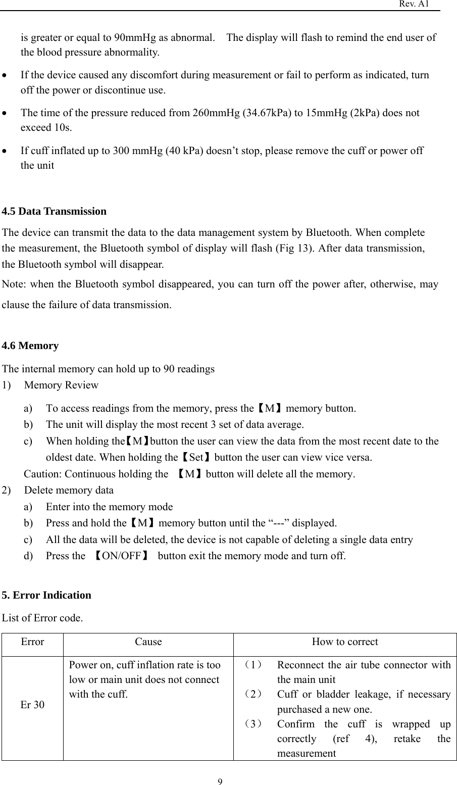                                                                                   Rev. A1  9is greater or equal to 90mmHg as abnormal.    The display will flash to remind the end user of the blood pressure abnormality.   • If the device caused any discomfort during measurement or fail to perform as indicated, turn off the power or discontinue use.   • The time of the pressure reduced from 260mmHg (34.67kPa) to 15mmHg (2kPa) does not exceed 10s. • If cuff inflated up to 300 mmHg (40 kPa) doesn’t stop, please remove the cuff or power off the unit  4.5 Data Transmission The device can transmit the data to the data management system by Bluetooth. When complete the measurement, the Bluetooth symbol of display will flash (Fig 13). After data transmission, the Bluetooth symbol will disappear. Note: when the Bluetooth symbol disappeared, you can turn off the power after, otherwise, may clause the failure of data transmission.  4.6 Memory The internal memory can hold up to 90 readings 1) Memory Review a) To access readings from the memory, press the【M】memory button. b) The unit will display the most recent 3 set of data average. c) When holding the【M】button the user can view the data from the most recent date to the oldest date. When holding the【Set】button the user can view vice versa. Caution: Continuous holding the  【M】button will delete all the memory. 2) Delete memory data a) Enter into the memory mode b) Press and hold the【M】memory button until the “---” displayed. c) All the data will be deleted, the device is not capable of deleting a single data entry d) Press the  【ON/OFF】  button exit the memory mode and turn off.  5. Error Indication List of Error code. Error  Cause  How to correct Er 30 Power on, cuff inflation rate is too low or main unit does not connect with the cuff. （1）  Reconnect the air tube connector with the main unit （2）  Cuff or bladder leakage, if necessary purchased a new one.   （3）  Confirm the cuff is wrapped up correctly (ref 4), retake the measurement 
