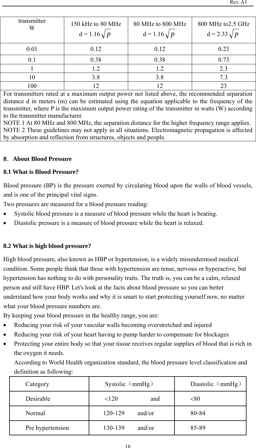                                                                                   Rev. A1  16transmitter W  150 kHz to 80 MHz d = 1.16 p 80 MHz to 800 MHz d = 1.16 p 800 MHz to2.5 GHz d = 2.33 p 0.01 0.12 0.12 0.23 0.1  0.38 0.38 0.73 1 1.2 1.2 2.3 10 3.8 3.8 7.3 100 12  12  23 For transmitters rated at a maximum output power not listed above, the recommended separation distance d in meters (m) can be estimated using the equation applicable to the frequency of the transmitter, where P is the maximum output power rating of the transmitter in watts (W) according to the transmitter manufacturer. NOTE 1 At 80 MHz and 800 MHz, the separation distance for the higher frequency range applies.NOTE 2 These guidelines may not apply in all situations. Electromagnetic propagation is affected by absorption and reflection from structures, objects and people.  8．About Blood Pressure 8.1 What is Blood Pressure? Blood pressure (BP) is the pressure exerted by circulating blood upon the walls of blood vessels, and is one of the principal vital signs. Two pressures are measured for a blood pressure reading:  Systolic blood pressure is a measure of blood pressure while the heart is beating.    Diastolic pressure is a measure of blood pressure while the heart is relaxed.    8.2 What is high blood pressure? High blood pressure, also known as HBP or hypertension, is a widely misunderstood medical condition. Some people think that those with hypertension are tense, nervous or hyperactive, but hypertension has nothing to do with personality traits. The truth is, you can be a calm, relaxed person and still have HBP. Let&apos;s look at the facts about blood pressure so you can better understand how your body works and why it is smart to start protecting yourself now, no matter what your blood pressure numbers are. By keeping your blood pressure in the healthy range, you are:  Reducing your risk of your vascular walls becoming overstretched and injured  Reducing your risk of your heart having to pump harder to compensate for blockages  Protecting your entire body so that your tissue receives regular supplies of blood that is rich in the oxygen it needs. According to World Health organization standard, the blood pressure level classification and definition as following: Category Systolic（mmHg） Diastolic（mmHg） Desirable  120          and  80 Normal   120-129    and/or  80-84 Pre hypertension  130-139    and/or  85-89 