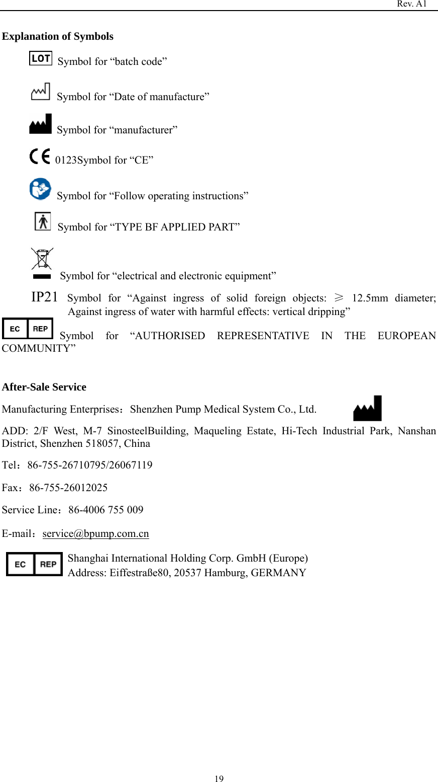                                                                                   Rev. A1  19Explanation of Symbols   Symbol for “batch code”  Symbol for “Date of manufacture”     Symbol for “manufacturer”   0123Symbol for “CE”   Symbol for “Follow operating instructions”   Symbol for “TYPE BF APPLIED PART”   Symbol for “electrical and electronic equipment” IP21  Symbol for “Against ingress of solid foreign objects: ≥ 12.5mm diameter;  Against ingress of water with harmful effects: vertical dripping” Symbol for “AUTHORISED REPRESENTATIVE IN THE EUROPEAN COMMUNITY”   After-Sale Service Manufacturing Enterprises：Shenzhen Pump Medical System Co., Ltd. ADD: 2/F West, M-7 SinosteelBuilding, Maqueling Estate, Hi-Tech Industrial Park, Nanshan District, Shenzhen 518057, China Tel：86-755-26710795/26067119 Fax：86-755-26012025 Service Line：86-4006 755 009 E-mail：service@bpump.com.cn Shanghai International Holding Corp. GmbH (Europe) Address: Eiffestraße80, 20537 Hamburg, GERMANY   