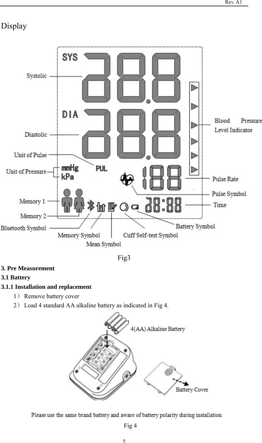                                                                                   Rev. A1  5Display Fig3 3. Pre Measurement 3.1 Battery 3.1.1 Installation and replacement 1） Remove battery cover 2） Load 4 standard AA alkaline battery as indicated in Fig 4.  Fig 4 
