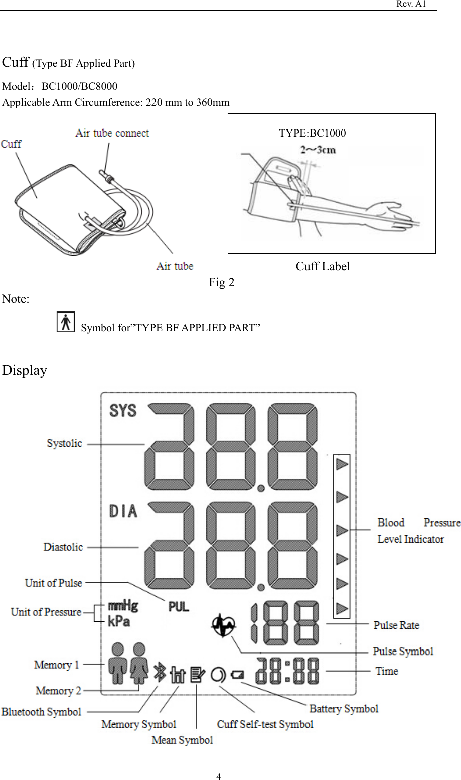                                                                                   Rev. A1  4 Cuff (Type BF Applied Part) Model：BC1000/BC8000 Applicable Arm Circumference: 220 mm to 360mm      Cuff Label                    Fig 2                             Note:   Symbol for”TYPE BF APPLIED PART”  Display                                      TYPE:BC1000          