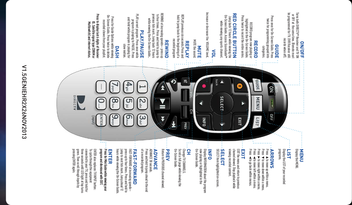 MENU Display the MENU.LIST  Display the LIST of your recorded programs.ARROWS Press       to move up within a menu. Press       to move down within a menu. Press       to move right within a menu. Press       to move left within a menu. Press       to go back within menus.EXIT EXIT the menu and return to previous channel viewed. Stop playback while viewing recorded content.SELECT SELECT item highlighted on-screen.INFO Display INFORMATION about the program now playing or highlighted in the On-Screen Guide.CH Change TV CHANNELS. Scroll a full page while viewing the On-Screen Guide.PREV Return to PREVIOUS channel viewed.ADVANCE ADVANCE 30 seconds. Press and hold to jump ahead to the end of a recorded program.FAST-FORWARD FAST-FORWARD at increasing speeds&mdash;press up to four times. Press and hold to jump to next tick mark. Jump ahead 12 hours while viewing the On-Screen Guide.ENTER Press for Mini Guide while viewing your program and dismissed with EXIT.ENTER also replaces TV INPUT button:  To cycle through the equipment connected to your TV, press and hold for three seconds until LED light at top turns green. Then scroll through inputs by pressing ENTER again.ON/OFF Turns both DIRECTV&reg; Receiver and TV ON or OFF at  the sema time. (Remote must be programmed for TV. DVR Receiver still records when off).GUIDE Press once for On-Screen Guide. Press twice for programming grouped into categories.RECORD  RECORD program now playing or highlighted in the On-Screen Guide.  Press twice to record the entire series.RED CIRCLE BUTTON Jump back 12 hours while viewing the On-Screen Guide. Access ScoreGuide&trade; while viewing any sports channel.VOL Increase or decrease the  VOLUME level.MUTE MUTE the sound.REPLAY REPLAY previous six seconds.Press and hold to jump back to the beginning of a recorded programREWIND REWIND at increasing speeds&mdash; press up to four times. Press and hold to jump to previous tick mark. Jump back 12 hours while viewing the On-Screen Guide..PLAY/PAUSE PLAY current program. Press once while program is playing to PAUSE. Press and hold while program is playing for slow motion.DASH Press for Guide Options while viewing On-Screen Guide. Press twice to delete recorded shows from your playlist.Press to display last 6 digits of Receiver ID, Satellite signal type (SWiM or Multiswitch) and internet status.V1.5GENIEHR2X26NOV2013