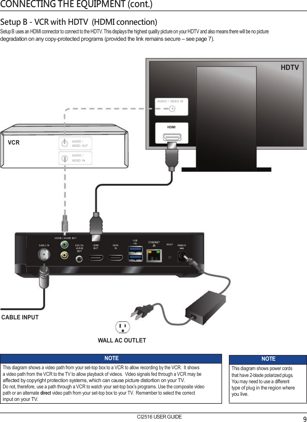   CONNECTING THE EQUIPMENT (cont.)  Setup B - VCR with HDTV  (HDMI connection) Setup B uses an HDMI connector to connect to the HDTV. This displays the highest quality picture on your HDTV and also means there will be no picture degradation on any copy-protected programs (provided the link remains secure &ndash; see page 7).   HDTV    AUDIO  /  VIDEO  IN   HDMI  VCR  AUDIO  / VIDEO  OUT AUDIO  / VIDEO  IN            RESET          CABLE INPUT  WALL AC OUTLET  NOTE This diagram shows a video path from your set-top box to a VCR to allow recording by the VCR.  It shows a video path from the VCR to the TV to allow playback of videos.  Video signals fed through a VCR may be affected by copyright protection systems, which can cause picture distortion on your TV. Do not, therefore, use a path through a VCR to watch your set-top box&rsquo;s programs. Use the composite video path or an alternate direct video path from your set-top box to your TV.  Remember to select the correct input on your TV.  CI2516 USER GUIDE NOTE This diagram shows power cords that have 2-blade polarized plugs. You may need to use a different type of plug in the region where you live.           9 