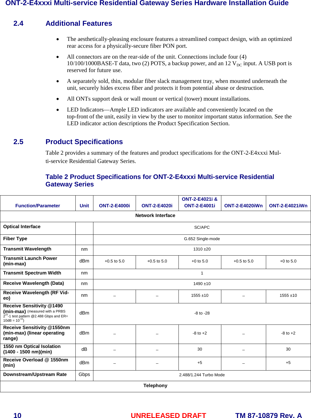 ONT-2-E4xxxi Multi-service Residential Gateway Series Hardware Installation Guide  10 UNRELEASED DRAFT    TM 87-10879 Rev. A 2.4 Additional Features &bull; The aesthetically-pleasing enclosure features a streamlined compact design, with an optimized rear access for a physically-secure fiber PON port.  &bull; All connectors are on the rear-side of the unit. Connections include four (4) 10/100/1000BASE-T data, two (2) POTS, a backup power, and an 12 VDC input. A USB port is reserved for future use. &bull; A separately sold, thin, modular fiber slack management tray, when mounted underneath the unit, securely hides excess fiber and protects it from potential abuse or destruction. &bull; All ONTs support desk or wall mount or vertical (tower) mount installations. &bull; LED Indicators&mdash;Ample LED indicators are available and conveniently located on the top-front of the unit, easily in view by the user to monitor important status information. See the LED indicator action descriptions the Product Specification Section. 2.5 Product Specifications Table 2 provides a summary of the features and product specifications for the ONT-2-E4xxxi Mul-ti-service Residential Gateway Series.  Table 2 Product Specifications for ONT-2-E4xxxi Multi-service Residential Gateway Series Function/Parameter Unit ONT-2-E4000i ONT-2-E4020i ONT-2-E4021i &amp; ONT-2-E4001i   ONT-2-E4020iWn ONT-2-E4021iWn Network Interface Optical Interface  SC/APC Fiber Type  G.652 Single-mode Transmit Wavelength nm 1310 &plusmn;20 Transmit Launch Power (min-max) dBm +0.5 to 5.0 +0.5 to 5.0 +0 to 5.0 +0.5 to 5.0 +0 to 5.0 Transmit Spectrum Width nm 1 Receive Wavelength (Data) nm 1490 &plusmn;10 Receive Wavelength (RF Vid-eo) nm ̶ ̶ 1555 &plusmn;10 ̶ 1555 &plusmn;10 Receive Sensitivity @1490 (min-max) (measured with a PRBS 223-1 test pattern @2.488 Gbps and ER= 10dB = 10-10) dBm -8 to -28 Receive Sensitivity @1550nm (min-max) (linear operating range) dBm ̶ ̶ -8 to +2 ̶ -8 to +2 1550 nm Optical Isolation (1400 - 1500 nm)(min) dB ̶ ̶ 30 ̶ 30 Receive Overload @ 1550nm (min) dBm ̶ ̶ +5 ̶ +5 Downstream/Upstream Rate Gbps 2.488/1.244 Turbo Mode Telephony 