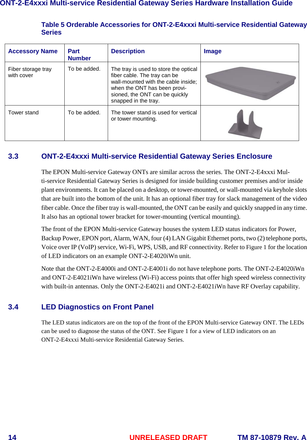 ONT-2-E4xxxi Multi-service Residential Gateway Series Hardware Installation Guide  14 UNRELEASED DRAFT    TM 87-10879 Rev. A Table 5 Orderable Accessories for ONT-2-E4xxxi Multi-service Residential Gateway Series Accessory Name Part   Number Description Image Fiber storage tray with cover To be added. The tray is used to store the optical fiber cable. The tray can be wall-mounted with the cable inside; when the ONT has been provi-sioned, the ONT can be quickly snapped in the tray.  Tower stand To be added. The tower stand is used for vertical or tower mounting.  3.3 ONT-2-E4xxxi Multi-service Residential Gateway Series Enclosure The EPON Multi-service Gateway ONTs are similar across the series. The ONT-2-E4xxxi Mul-ti-service Residential Gateway Series is designed for inside building customer premises and/or inside plant environments. It can be placed on a desktop, or tower-mounted, or wall-mounted via keyhole slots that are built into the bottom of the unit. It has an optional fiber tray for slack management of the video fiber cable. Once the fiber tray is wall-mounted, the ONT can be easily and quickly snapped in any time. It also has an optional tower bracket for tower-mounting (vertical mounting).  The front of the EPON Multi-service Gateway houses the system LED status indicators for Power, Backup Power, EPON port, Alarm, WAN, four (4) LAN Gigabit Ethernet ports, two (2) telephone ports, Voice over IP (VoIP) service, Wi-Fi, WPS, USB, and RF connectivity. Refer to Figure 1 for the location of LED indicators on an example ONT-2-E4020iWn unit. Note that the ONT-2-E4000i and ONT-2-E4001i do not have telephone ports. The ONT-2-E4020iWn and ONT-2-E4021iWn have wireless (Wi-Fi) access points that offer high speed wireless connectivity with built-in antennas. Only the ONT-2-E4021i and ONT-2-E4021iWn have RF Overlay capability. 3.4 LED Diagnostics on Front Panel The LED status indicators are on the top of the front of the EPON Multi-service Gateway ONT. The LEDs can be used to diagnose the status of the ONT. See Figure 1 for a view of LED indicators on an ONT-2-E4xxxi Multi-service Residential Gateway Series.   