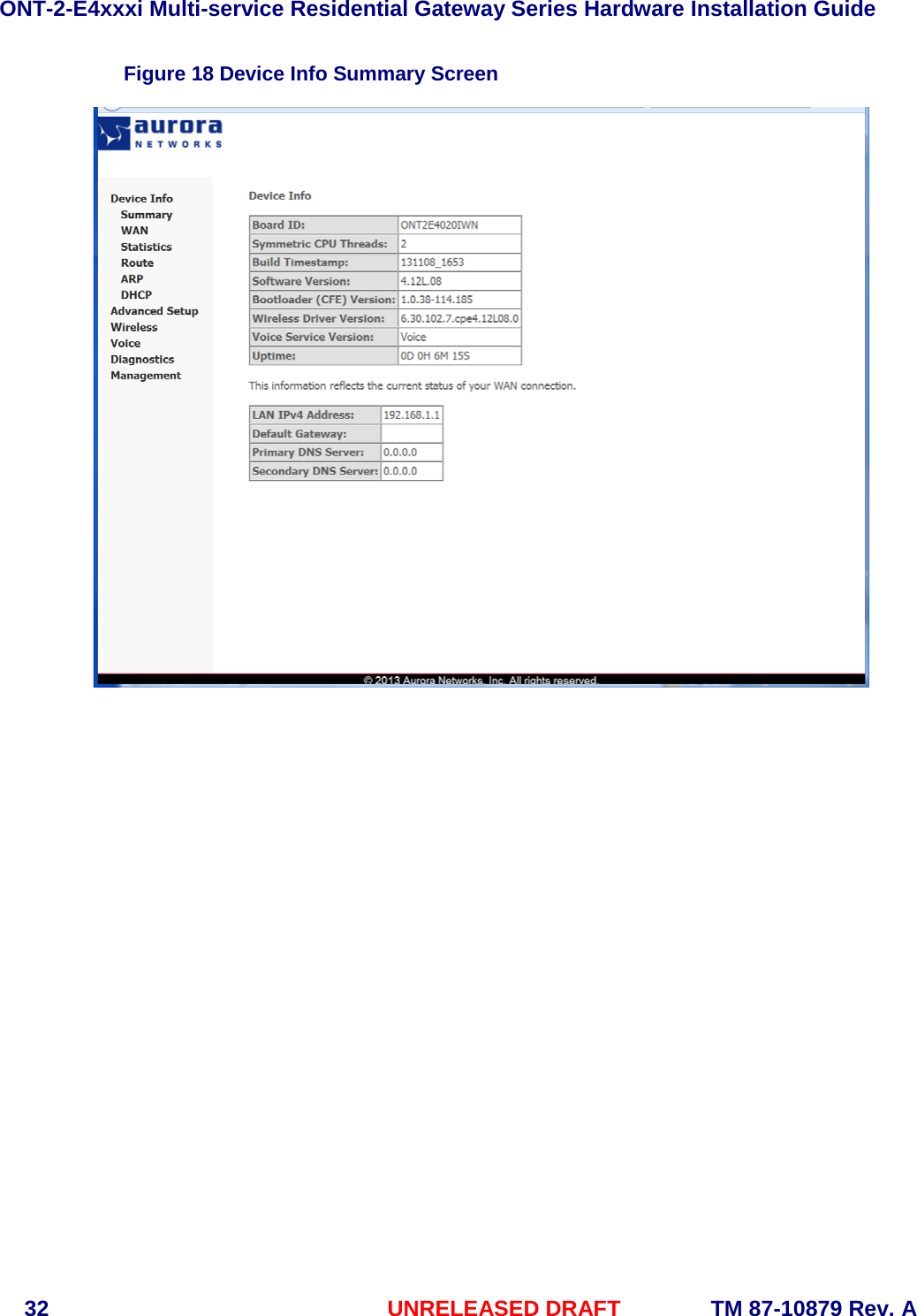 ONT-2-E4xxxi Multi-service Residential Gateway Series Hardware Installation Guide  32 UNRELEASED DRAFT    TM 87-10879 Rev. A Figure 18 Device Info Summary Screen      