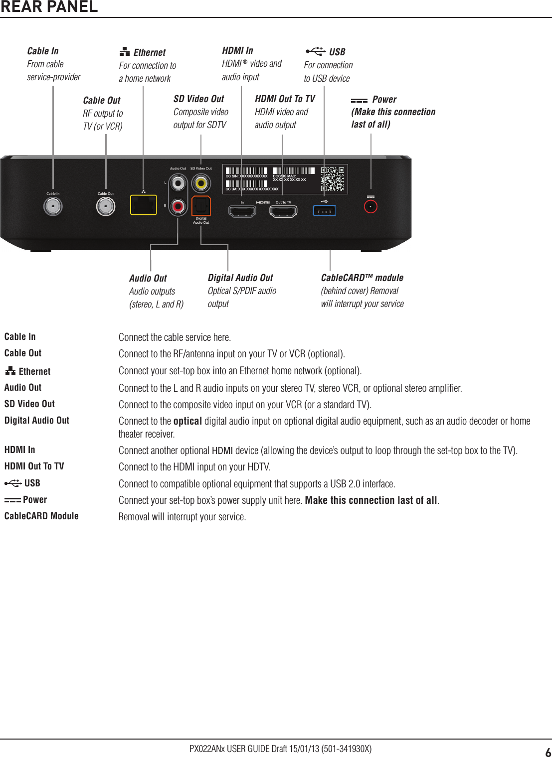 6PX022ANx USER GUIDE Draft 15/01/13 (501-341930X)CC S/N: XXXXXXXXXXXXCC UA: XXX XXXXX XXXXX XXXDOCSIS MAC:XX XX XX XX XX XXREAR PANELAudio Out Audio outputs (stereo, L and R)Cable In From cable service-provider  Power (Make this connection last of all)Digital Audio Out Optical S/PDIF audio output Ethernet For connection to a home networkHDMI Out To TV HDMI video and audio output   USB  For connection to USB deviceCableCARD™ module (behind cover) Removal will interrupt your serviceCable Out RF output to TV (or VCR)HDMI In HDMI ® video and audio inputSD Video Out Composite video output for SDTVCable In Connect the cable service here. Cable Out Connect to the RF/antenna input on your TV or VCR (optional). Ethernet  Connect your set-top box into an Ethernet home network (optional).Audio Out Connect to the L and R audio inputs on your stereo TV, stereo VCR, or optional stereo ampliﬁer.SD Video Out Connect to the composite video input on your VCR (or a standard TV).Digital Audio Out Connect to the optical digital audio input on optional digital audio equipment, such as an audio decoder or home theater receiver.HDMI In Connect another optional HDMI device (allowing the device’s output to loop through the set-top box to the TV).HDMI Out To TV Connect to the HDMI input on your HDTV. USB Connect to compatible optional equipment that supports a USB 2.0 interface. Power Connect your set-top box’s power supply unit here. Make this connection last of all.CableCARD Module Removal will interrupt your service.