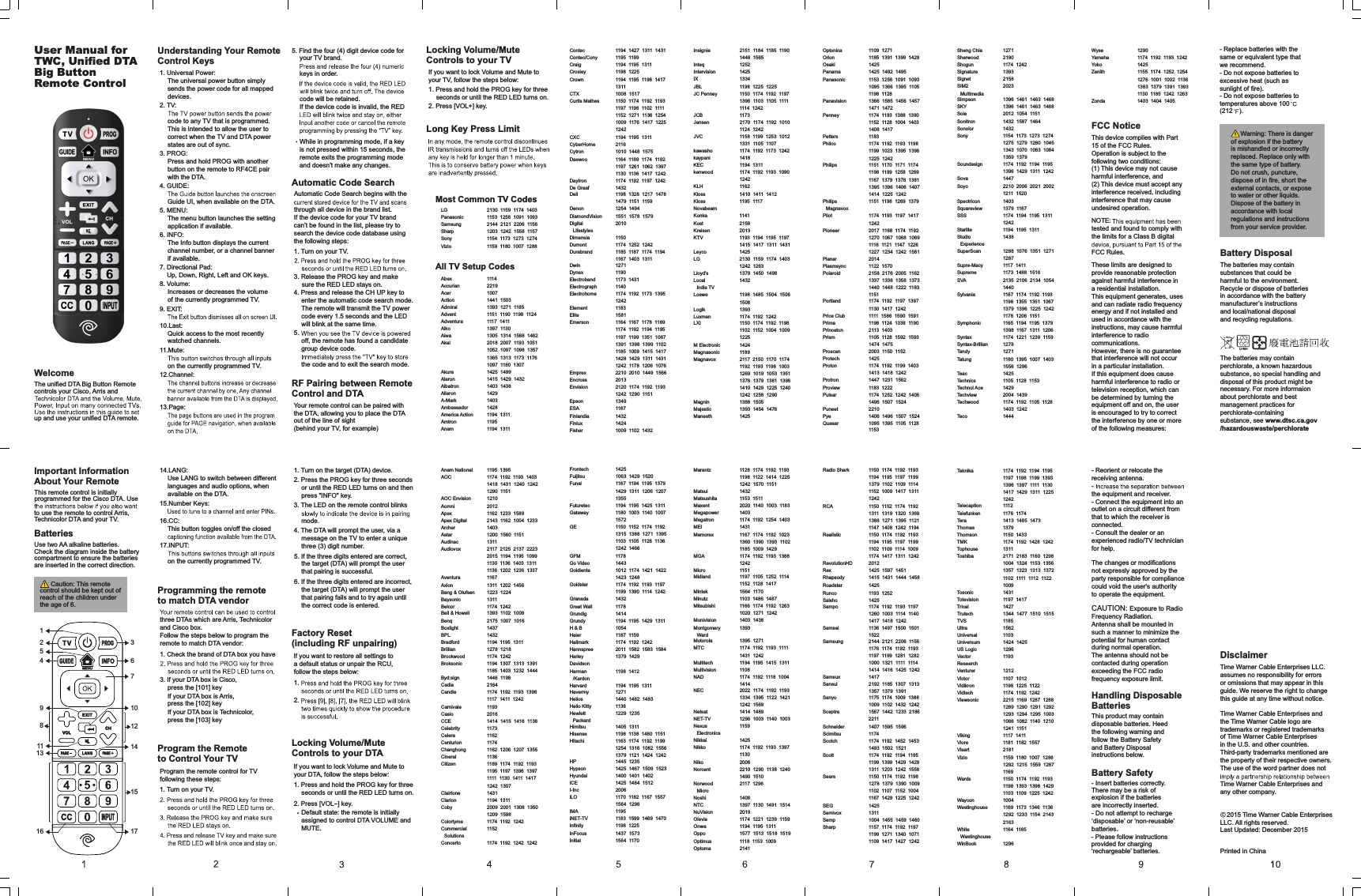 Time Warner Cable Enterprises LLC.assumes no responsibility for errorsor omissions that may appear in thisguide. We reserve the right to changethis guide at any time without notice.Time Warner Cable Enterprises andthe Time Warner Cable logo aretrademarks or registered trademarksof Time Warner Cable Enterprisesin the U.S. and other countries.Third-party trademarks mentioned arethe property of their respective owners.The use of the word partner does notTime Warner Cable Enterprises andany other company.2015 Time Warner Cable EnterprisesLLC. All rights reserved.Last Updated: December 2015Printed in ChinaDisclaimer1393  1102  1009Bell &amp; Howell2175  1007  1016Benq1437Boxlight1432BPL1194  1195  1311Bradford1278  1218Brillian1174  1242Brockwood1194  1307  1313  1391Broksonic1185  1403  1232  14441446  1198Byd:sign2164Cadia1174  1192  1193  1396Candle1117  1411  1242  1193Carnivale2016Casio1414  1415  1416  1136CCE1173Celebrity1162Celera1174Centurion1162  1206  1207  1355Changhong1136Cineral1189  1174  1192  1193Citizen1195  1197  1396  13971111  1130  1411  14171242  13071431Clairtone1194  1311  Clarion2009  2001  1308  1350Coby1209  15981174  1192  1242  Colortyme1152CommercialSolutions1174  1192  1242  1242Concerto1194  1427  1311  1431Contec1195  1199  Contec/Cony1194  1195  1311  Craig1198  1225  Crosley1194  1195  1198  1417Crown13111008  1517CTX1150  1174  1192  1193Curtis Mathes1197  1198  1102  11111152  1271  1136  12541009  1176  1417  122512421194  1195  1311CXC2116  CyberHome1010  1448  1575Cytron1164  1189  1174  1192Daewoo1197  1261  1062  13971130  1136  1417  12421174  1192  1197  1242Daytron1432De Graaf1178Great Wall1414Grundig1194  1195  1429  1311Grundy1054H &amp; B1187  1159  Haier1174  1192  1242  Hallmark2011  1582  1583  1584Hannspree1379  1429HarleyDavidson1198  1412  Harman/Kardon1194  1195  1311  Harvard1271Havermy1440  1482  1483Helios1136Hello Kitty1229  1235HewlettPackard1405  1311  Himitsu1198  1138  1480  1151Hisense1163  1174  1192  1199Hitachi1254  1316  1082  15561379  1121  1424  12421445  1235HP1425  1467  1509  1523Hypson1400  1401  1402Hyundai1425  1484  1512ICE2006I-Inc1170  1182  1167  1557iLO1564  12961195IMA1183  1599  1469  1470iNET-TV1198  1225  Infinity1437  1573InFocus1564  1170  Initial2151  1184  1185  1190Insignia1448  15651252Inteq1425Intervision1334IX1198  1225  1225  JBL1150  1174  1192  1197JC Penney1396  1103  1105  11111114  1242  1173JCB2170  1174  1192  1010Jensen1124  1242  1158  1199  1253  1012JVC1331  1105  11071174  1192  1173  1242kawasho1418kaypani1194  1311  KEC1174  1192  1193  1090kenwood12421162KLH1403  1438Monivision1393MontgomeryWard1395  1271Motorola1174  1192  1193  1111MTC1431  12421194  1195  1415  1311Multitech1108Multivision1174  1192  1118  1004NAD14142022  1174  1192  1193NEC1334  1395  1122  14211242  15691414  1489Netsat1296  1003  1140  1003NET-TV1159  NexusElectronics1425Nikkai1174  1192  1193  1397Nikko11302008Niko2210  1290  1138  1240Norcent1490  15102117  1296  NorwoodMicro1408Noshi1397  1130  1491  1514NTC2019NuVision1174  1221  1239  1159Olevia1194  1195  1311  Onwa1577  1513  1518  1519Oppo1118  1153  1009  Optimus2141Optoma1109  1271  Optonica1185  1391  1399  1429Orion1425Osaki1425  1492  1495Panama1153  1256  1091  1093Panasonic1095  1366  1395  11051198  1128  1366  1585  1456  1457Panavision1471  14721174  1193  1388  1390Penney1152  1128  1004  14031408  14171183  Petters1174  1192  1193  1198Philco1199  1023  1395  13961225  12421151  1170  1171  1174Philips1198  1199  1258  12691167  1379  1378  13811395  1396  1406  14071414  1225  12421174  1192  1193  1197Sampo1260  1003  1114  11401417  1418  12421136  1497  1500  1501Samsei15222144  2121  2206  1156Samsung1176  1174  1192  11931197  1199  1281  12821000  1321  1111  11141414  1416  1425  12421417Samsux2192  1185  1307  1313Sansui1357  1379  13911175  1174  1009  1388Sanyo1009  1102  1432  12421567  1442  1233  2186Sceptre22111407  1595  1596Schneider1174Scimitsu1174  1192  1452  1453Scotch1493  1502  15211174  1192  1194  1195Scott1199  1399  1429  14291311  1203  1242  15581150  1174  1192  1198Sears1278  1379  1390  10091102  1107  1152  10041167  1429  1225  12421425SEG1311Semivox1004  1455  1459  1460Semp1157  1174  1192  1197Sharp1199  1271  1340  10711109  1417  1427  12421271Sheng Chia2190Sherwood1174  1242  Shogun1393Signature2158Signet2023SIM2Multimedia1396  1461  1463  1468Simpson1396  1461  1463  1468SKY2012  1054  1151  Sole1432  1587  1464Sonitron1432Sonolor1154  1173  1273  1274Sony1275  1279  1280  10451343  1070  1083  10841359  13791174  1192  1194  1195Soundesign1396  1429  1311  12421447Sova1344  1477  1510  1515Trutech1185TVS1562Ultra1103Universal1424  1425Universum1296US Logic1193VectorResearch1212Venturer1107  1012  Victor1198  1225  1122  Vidikron1174  1192  1242  Vidtech2215  1169  1287  1288Viewsonic1289  1290  1291  12921293  1294  1295  10031066  1082  1140  12101241  1151  1117  1411  Viking1181  1182  1557  Viore2181Visart1159  1180  1007  1288Vizio1292  1215  1559  128711691150  1174  1192  1193Wards1198  1393  1398  14291103  1109  1225  12421004Waycon1169  1173  1346  1136Westinghouse1292  1233  1154  214321631164  1185  WhiteWestinghouse1296WinBook1290Wyse1174  1192  1193  1242Yamaha1425Yoko1155  1174  1252  1254Zenith1276  1001  1002  11361383  1379  1391  13931130  1185  1242  12631403  1404  1405Zonda14.LANG:Use LANG to switch between differentlanguages and audio options, whenavailable on the DTA.16.CC:This button toggles on/off the closed17.INPUT:on the currently programmed TV.15.Number Keys:Use two AA alkaline batteries.Check the diagram inside the batterycompartment to ensure the batteriesare inserted in the correct direction.Batteries- Insert batteries correctly.There may be a risk ofexplosion if the batteriesare incorrectly inserted.- Do not attempt to recharge‘disposable’ or ‘non-reusable’batteries.- Please follow instructionsprovided for charging‘rechargeable’ batteries.- Replace batteries with thesame or equivalent type thatwe recommend.- Do not expose batteries toexcessive heat (such assunlight of fire).- Consult the dealer or anexperienced radio/TV technicianfor help.The changes or modificationsnot expressly approved by theparty responsible for compliancecould void the user&apos;s authorityto operate the equipment.CAUTION: Exposure to RadioFrequency Radiation.Antenna shall be mounted insuch a manner to minimize thepotential for human contactduring normal operation.The antenna should not becontacted during operationexceeding the FCC radiofrequency exposure limit.Battery SafetyThis product may containdisposable batteries. Heedthe following warning andfollow the Battery Safetyand Battery Disposalinstructions below.BatteriesHandling DisposableThis remote control is initiallyprogrammed for the Cisco DTA. Useto use the remote to control Arris,Technicolor DTA and your TV.Important InformationAbout Your Remote1. Check the brand of DTA box you havepress the [101] key3. If your DTA box is Cisco,If your DTA box is Arris,press the [102] keyIf your DTA box is Technicolor,press the [103] keyProgramming the remoteto match DTA vendorProgram the remote control for TVfollowing these steps:three DTAs which are Arris, Technicolorand Cisco box.Follow the steps below to program theremote to match DTA vendor:1. Turn on your TV.5. Find the four (4) digit device code foryour TV brand.keys in order.code will be retained.If the device code is invalid, the REDWhile in programming mode, if a keyis not pressed within 15 seconds, theremote exits the programming modeand doesn&apos;t make any changes.Program the Remoteto Control Your TVCaution: This remotecontrol should be kept out ofreach of the children underthe age of 6.1236710121415175481113169All TV Setup CodesMost Common TV Codes1114Abex2219Accurian1007Acer1441  1503Action1393  1271  1185Admiral1151  1190  1198  1124Advent1117  1411Adventura1397  1130Aiko1305  1314  1588  1462Aiwa2018  2007  1193  1051Akai1052  1097  1098  13571365  1313  1173  11761097  1180  13071425  1499Akura1415  1429  1432Alaron1403  1438Albatron1429Alleron1403A-Mark1428Ambassador1194  1311America Action1195Amtron1194  1311Anam1195  1395Anam National1174  1192  1193  1403AOC1418  1431  1240  12421290  1151  1210AOC Envision2012Aomni1162  1233  1589Apex2143  1162  1004  1233Apex Digital1403Archer1200  1560  1151Astar1311Audinac2117  2125  2137  2223Audiovox2015  1194  1195  10991130  1136  1403  13111136  1202  1236  13371167Aventura1311  1202  1456Axion1223  1224Bang &amp; Olufsen1311Baysonic1174  1242Belcor1198  1328  1217  1478Dell1479  1151  1159  1254  1494Denon1551  1578  1579DiamondVision2010DigitalLifestyles1150Dimensia1174  1252  1242  Dumont1185  1187  1174  1194Durabrand1167  1403  13111271Dwin1190Dynex1173  1431Electroband1140Electrograph1174  1192  1173  1395Electrohome12421183  Element1581Elite1164  1167  1178  1189Emerson1174  1192  1194  11951197  1199  1351  10671391  1398  1399  11021185  1009  1415  14171428  1429  1311  14311242  1178  1206  10762210  2010  1449  1566Emprex2013Encross2120  1174  1192  1193Envision1242  1290  1151  1349Epson1167ESA 1432Finlandia1424Finlux1009  1102  1432  Fisher1425Frontech1063  1429  1520Fuijitsu1167  1194  1195  1379Funai1429  1311  1206  120713551194  1195  1425  1311Futuretec1180  1003  1140  1007Gataway15721150  1152  1174  1192GE1315  1388  1271  13951103  1105  1128  11361242  14661178  GFM1443Go Video1012  1174  1421  1422Goldiente1423  12481174  1192  1193  1197Goldstar1199  1390  1114  12421432Granada1410  1411  1412  Kloss1195  1117  KlossNovabeam1141Konka2158Kost2013Kreisen1193  1194  1195  1197KTV1415  1417  1311  14311425Leyco2130  1159  1174  1403LG1242  12631379  1450  1498Lloyd&apos;s1432Locallndia TV1198  1485  1504  1506Loewe15081393Logik1174  1192  1242  Luxman1150  1174  1192  1198LXI1102  1152  1004  100912251424M Electronic1189Magnasonic2117  2150  1170  1174Magnavox1192  1193  1198  10031269  1019  1053  13511378  1379  1381  13961410  1429  1225  12401242  1258  12901388  1505Magnin1393  1454  1476Majestic1425Manesth1128  1174  1192  1193Marantz1198  1122  1414  12251242  1570  1151  1432Matsui1153  1511  Matsushita2020  1140  1003  1183Maxent1403Megapower1174  1192  1254  1403Megatron1431MEI1167  1174  1192  1023Memorex1360  1390  1393  11021185  1009  1429  1174  1192  1193  1388MGA12421151  Micro1197  1105  1252  1114Midland1152  1128  1417  1564  1170  Mintek1103  1486  1487  Minutz1166  1174  1192  1263Mitsubishi1020  1271  12421151  1198  1269  1379PhilipsMagnavox1174  1193  1197  1417Pilot12422017  1168  1174  1192Pioneer1270  1067  1068  10691118  1121  1147  12261227  1234  1242  15812014Planar1122  1570  Plasmsync2158  2176  2005  1162Polaroid1337  1338  1358  13731440  1448  1222  118311511174  1192  1197  1397Portland1130  1417  1242  1111  1586  1590  1591Price Club1198  1124  1338  1190Prima2113  1403  Princeton1105  1128  1592  1593Prism1474  14752003  1150  1152  Proscan1425Protech1174  1192  1199  1403Proton1413  1418  12421447  1231  1562Protron1183  1222  Proview1174  1252  1242  1406Pulsar1496  1507  15242210Puneet1406  1496  1507  1524Pye1095  1395  1105  1128Quasar11531150  1174  1192  1193Radio Shark1194  1195  1197  11991379  1102  1109  11141152  1009  1417  131112421150  1152  1174  1192RCA1311  1319  1320  13691388  1271  1395  11211147  1408  1242  11941150  1174  1192  1193Realistic1194  1195  1197  11991102  1109  1114  10091174  1417  1311  12422012RevolutionHD1425  1597  1451Rex1415  1431  1444  1458Rhapsody1425Roadstar1193  1252Runco1425Saisho2210  2006  2021  2002Soyo1211  1520  1403Spectricon1379  1167  Squareview1174  1194  1195  1311SSS12421194  1195  1311  Starlite1438StudioExperience1288  1076  1351  1271SuperScan12871117  1411  Supre-Macy1173  1488  1516  Supreme2135  2106  2134  1054SVA14401167  1174  1192  1193Sylvania1198  1355  1351  10671379  1396  1225  12421178  1206  1151  1165  1194  1195  1379Symphonic1398  1167  1311  12061174  1221  1239  1159Syntax1278Syntax-Brillian1271Tandy1180  1395  1007  1403Tatung1556  12961425Teac1105  1128  1153  Technics1429Technol Ace2004  1439Techview1174  1192  1105  1128Techwood1403  12421444Teco1174  1192  1194  1195Teknika1197  1198  1199  13931396  1397  1111  11301417  1429  1311  122512421112Telecaption1176  1174  Telefunken1413  1465  1473Tera1379Thomas1150  1433  Thomson1174  1192  1428  1242TMK1311Tophouse2171  2183  1160  1298Toshiba1004  1324  1153  13561357  1323  1313  13721102  1111  1112  112210091431Tosonic1197  1417  Totevision1427Trical2130  1159  1174  1403LG1153  1256  1091  1093Panasonic2144  2121  2206  1156Samsung1203  1242  1558  1157Sharp1154  1173  1273  1274Sony1159  1180  1007  1288Vizio1. Universal Power:2. TV:The universal power button simplysends the power code for all mappedwith the DTA.4. GUIDE:Guide UI, when available on the DTA.5. MENU:The menu button launches the settingapplication if available.6. INFO:The Info button displays the currentchannel number, or a channel bannerUp, Down, Right, Left and OK keys.if available.devices.code to any TV that is programmed.states are out of sync.3. PROG:Press and hold PROG with anotherbutton on the remote to RF4CE pairThis is intended to allow the user tocorrect when the TV and DTA power7. Directional Pad:8. Volume:Increases or decreases the volume9. EXIT:of the currently programmed TV.10.Last:Quick access to the most recentlywatched channels.11.Mute:on the currently programmed TV.12.Channel:13.Page:Understanding Your RemoteControl KeysThis device complies with Part15 of the FCC Rules.Operation is subject to thefollowing two conditions:(1) This device may not causeharmful interference, and(2) This device must accept anyinterference received, includinginterference that may causeundesired operation.NOTE:tested and found to comply withthe limits for a Class B digitalFCC Rules.FCC Notice- Do not expose batteries totemperatures above 100(212 ).The batteries may containperchlorate, a known hazardoussubstance, so special handling anddisposal of this product might benecessary. For more informaionabout perchlorate and bestmanagement practices forperchlorate-containingsubstance, see www.dtsc.ca.gov/hazardouswaste/perchlorateThese limits are designed toprovide reasonable protectionagainst harmful interference ina residential installation.This equipment generates, usesand can radiate radio frequencyenergy and if not installed andused in accordance with theinstructions, may cause harmfulinterference to radiocommunications.However, there is no guaranteethat interference will not occurin a particular installation.If this equipment does causeharmful interference to radio ortelevision reception, which canbe determined by turning theequipment off and on, the useris encouraged to try to correctthe interference by one or moreof the following measures:- Reorient or relocate thereceiving antenna.-the equipment and receiver.- Connect the equipment into anoutlet on a circuit different fromthat to which the receiver isconnected.The batteries may containsubstances that could beharmful to the environment.Recycle or dispose of batteriesin accordance with the batterymanufacturer’s instructionsand local/national disposaland recycling regulations.Battery Disposal1.2.If you want to restore all settings toa default status or unpair the RCU,follow the steps below:Factory Reset(including RF unpairing) 1. Press and hold the PROG key for threeseconds or until the RED LED turns on.Default state: the remote is initially2. Press [VOL ] key.assigned to control DTA VOLUME andMUTE.If you want to lock Volume and Mute toyour DTA, follow the steps below:Locking Volume/MuteControls to your DTALong Key Press Limit1. Press and hold the PROG key for threeseconds or until the RED LED turns on.2. Press [VOL+] key.If you want to lock Volume and Mute toyour TV, follow the steps below:Locking Volume/MuteControls to your TV6. If the three digits entered are incorrect,the target (DTA) will prompt the userthat pairing fails and to try again untilthe correct code is entered.4. Press and release the CH UP key to5.enter the automatic code search mode.The remote will transmit the TV powercode every 1.5 seconds and the LEDwill blink at the same time.off, the remote has found a candidategroup device code.the code and to exit the search mode.Automatic Code Search begins with thethrough all device in the brand list.If the device code for your TV brandcan’t be found in the list, please try tosearch the device code database usingthe following steps:1. Turn on your TV.3. Release the PROG key and makesure the RED LED stays on.Automatic Code SearchYour remote control can be paired with1. Turn on the target (DTA) device.2. Press the PROG key for three secondsor until the RED LED turns on and thenpress &quot;INFO&quot; key.3. The LED on the remote control blinksmode.4. The DTA will prompt the user, via amessage on the TV to enter a uniquethree (3) digit number.5. If the three digits entered are correct,the target (DTA) will prompt the userthat pairing is successful.the DTA, allowing you to place the DTAout of the line of sight(behind your TV, for example)RF Pairing between RemoteControl and DTAWarning: There is dangerof explosion if the batteryis mishandled or incorrectlyreplaced. Replace only withthe same type of battery.Do not crush, puncture,dispose of in fire, short theexternal contacts, or exposeto water or other liquids.Dispose of the battery inaccordance with localregulations and instructionsfrom your service provider.The unified DTA Big Button Remotecontrols your Cisco, Arris andup and use your unified DTA remote.WelcomeUser Manual forTWC, Unified DTABig ButtonRemote Control
