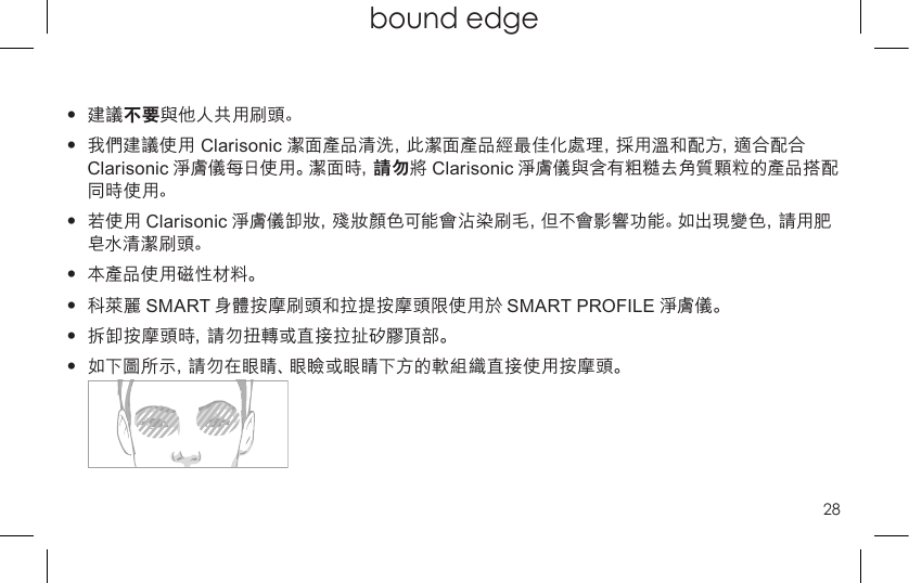 28top page (when book flips open) bound edge•  建 議 不要與他人共用刷頭。•  我們建議使用 Clarisonic 潔面產品清洗，此潔面產品經最佳化處理，採用溫和配方，適合配合Clarisonic 淨膚儀每日使用。潔面時，請勿將 Clarisonic 淨膚儀與含有粗糙去角質顆粒的產品搭配同時使用。•  若使用 Clarisonic 淨膚儀卸妝，殘妝顏色可能會沾染刷毛，但不會影響功能。如出現變色，請用肥皂水清潔刷頭。•  本產品使用磁性材料。•  科萊麗 SMART 身體按摩刷頭和拉提按摩頭限使用於 SMART PROFILE 淨膚儀。•  拆卸按摩頭時，請勿扭轉或直接拉扯矽膠頂部。•  如 下 圖 所 示 ，請勿在眼睛、眼瞼或眼睛下方的軟組織直接使用按摩頭。 