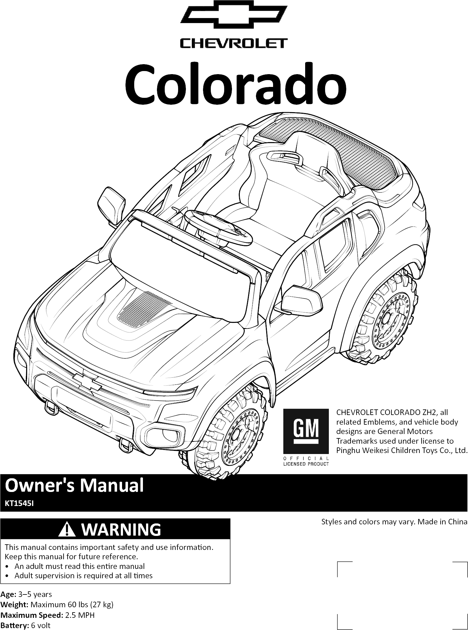 Pacific Cycle 009 6V Luxury Chevy Colorado Camo User Manual