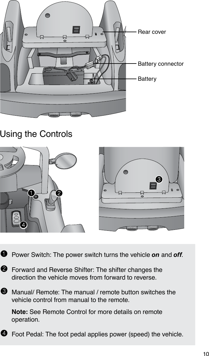 10Using the Controls1  Power Switch: The power switch turns the vehicle on and off.2  Forward and Reverse Shifter: The shifter changes the direction the vehicle moves from forward to reverse.3  Manual/ Remote: The manual / remote button switches the vehicle control from manual to the remote. Note: See Remote Control for more details on remote operation.4  Foot Pedal: The foot pedal applies power (speed) the vehicle.1234Rear coverBatteryBattery connector