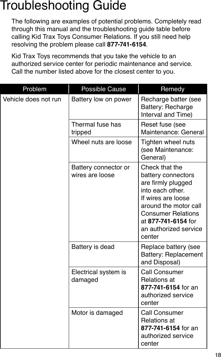 18Troubleshooting GuideThe following are examples of potential problems. Completely read through this manual and the troubleshooting guide table before calling Kid Trax Toys Consumer Relations. If you still need help resolving the problem please call 877-741-6154.Kid Trax Toys recommends that you take the vehicle to an authorized service center for periodic maintenance and service.  Call the number listed above for the closest center to you.Problem Possible Cause RemedyVehicle does not run Battery low on power Recharge batter (see Battery: Recharge Interval and Time)Thermal fuse has trippedReset fuse (see Maintenance: GeneralWheel nuts are loose Tighten wheel nuts (see Maintenance: General)Battery connector or wires are looseCheck that the battery connectors arermlypluggedinto each other. If wires are loose around the motor call Consumer Relations at 877-741-6154 for an authorized service centerBattery is dead  Replace battery (see Battery: Replacement and Disposal)Electrical system is damagedCall Consumer Relations at 877-741- 6154 for an authorized service centerMotor is damaged Call Consumer Relations at 877-741- 6154 for an authorized service center