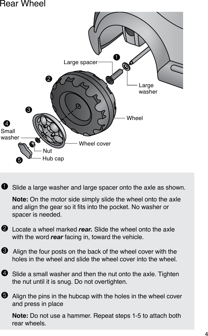 Wheel4Rear WheelLarge washerLarge spacerWheel coverNutSmall washerHub cap1  Slide a large washer and large spacer onto the axle as shown. Note: On the motor side simply slide the wheel onto the axle andalignthegearsoittsintothepocket.Nowasherorspacer is needed. 2  Locate a wheel marked rear. Slide the wheel onto the axle    with the word rear facing in, toward the vehicle. 3 Align the four posts on the back of the wheel cover with the holes in the wheel and slide the wheel cover into the wheel.4  Slide a small washer and then the nut onto the axle. Tighten the nut until it is snug. Do not overtighten.5 Align the pins in the hubcap with the holes in the wheel cover and press in place  Note: Do not use a hammer. Repeat steps 1-5 to attach both rear wheels.12345