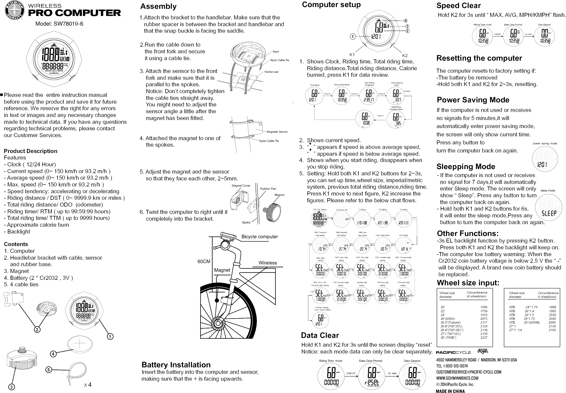 Pacific Cycle SW78019 Sch Wireless Bike Computer User Manual C015A D09