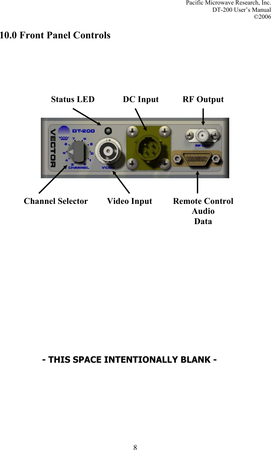 Pacific Microwave Research, Inc. DT-200 User’s Manual  ©2006   810.0 Front Panel Controls    Channel Selector DC Input Remote Control  Audio DataRF Output Status LED Video Input - THIS SPACE INTENTIONALLY BLANK - 